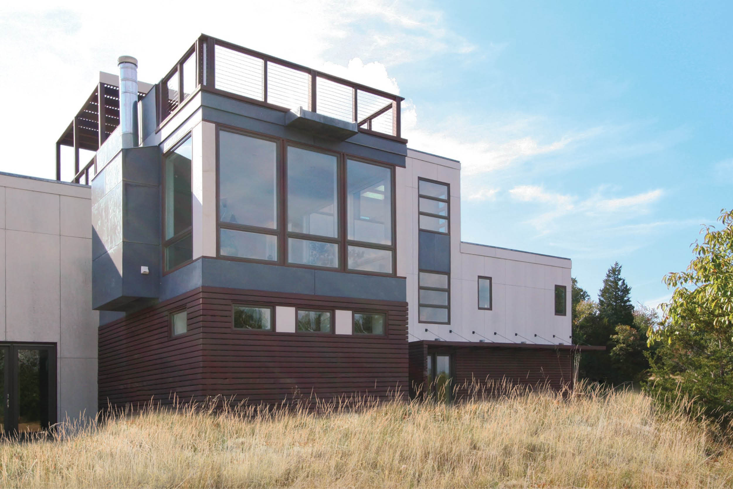 Modern Modular Prefab House | Hamptons Watermill New York | Artist Retreat | Roof Deck Large Windows Cable Rail Cedar White Blue Siding | RES4