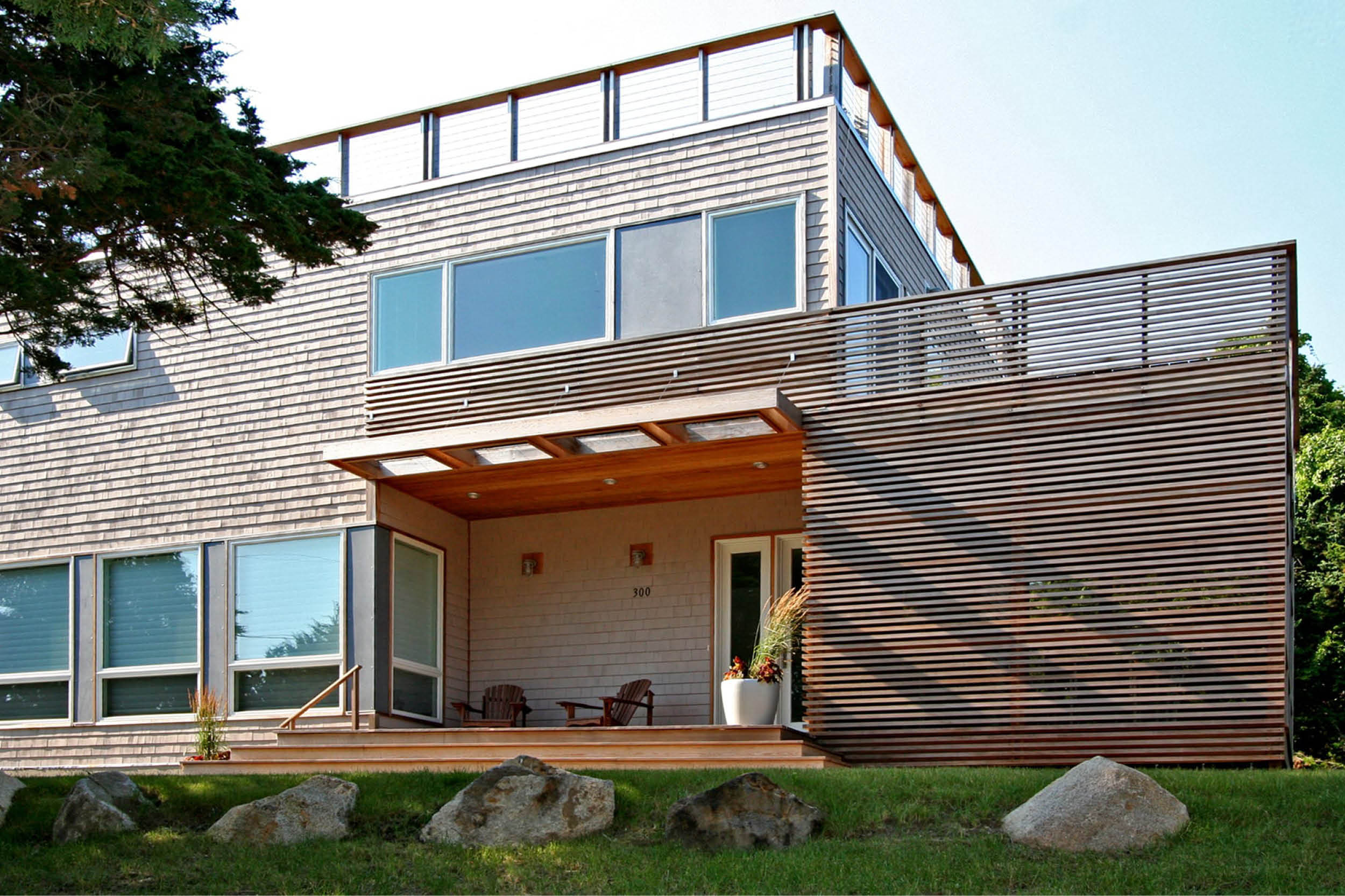 Modern Modular Prefab House | Cape Cod Eastham Massachusetts | Cedar Siding Front Porch Roof Deck Cable Rail | RES4