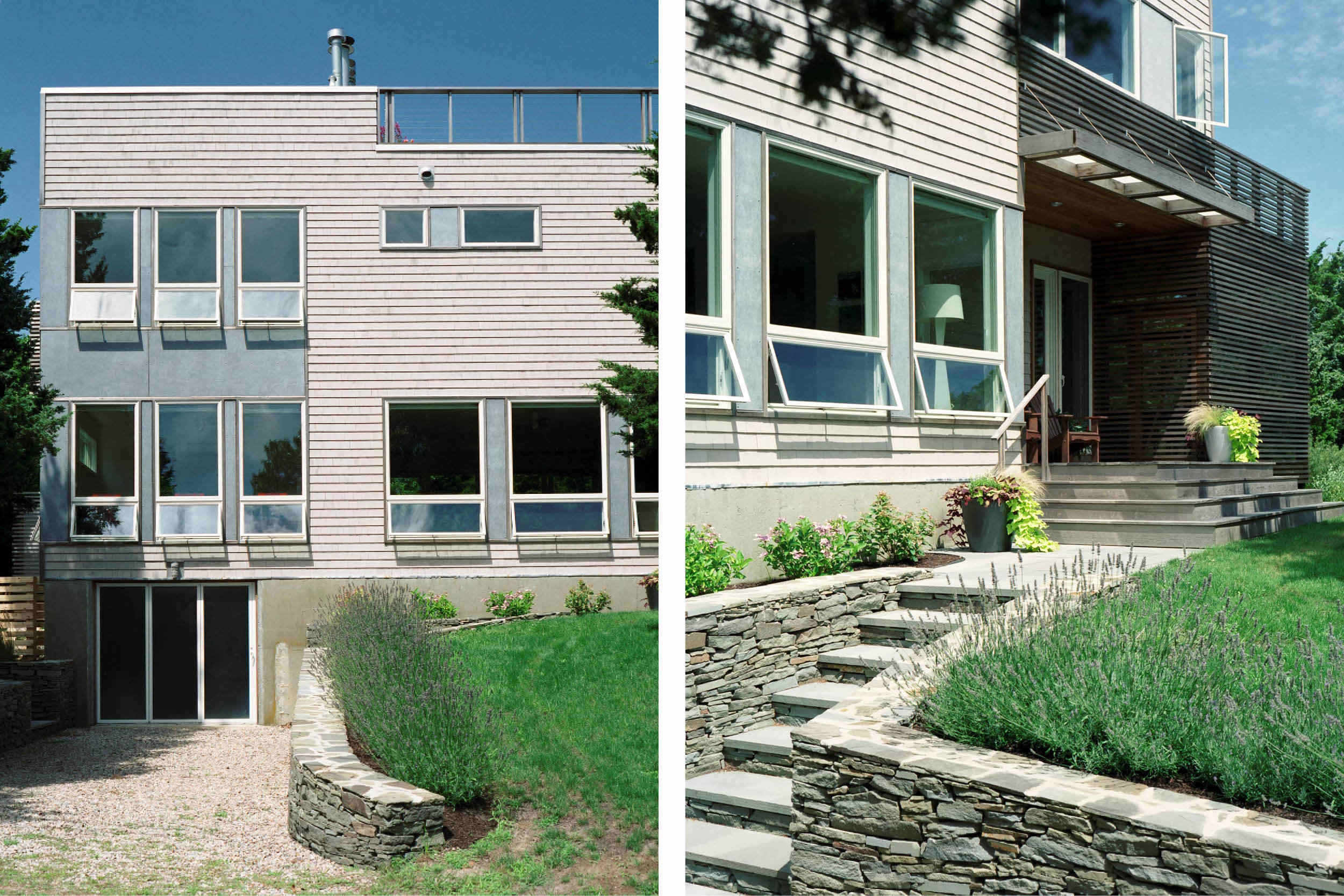 Modern Modular Prefab House | Cape Cod Eastham Massachusetts | Cedar Siding Stone Wall Roof Deck Cable Rail | RES4
