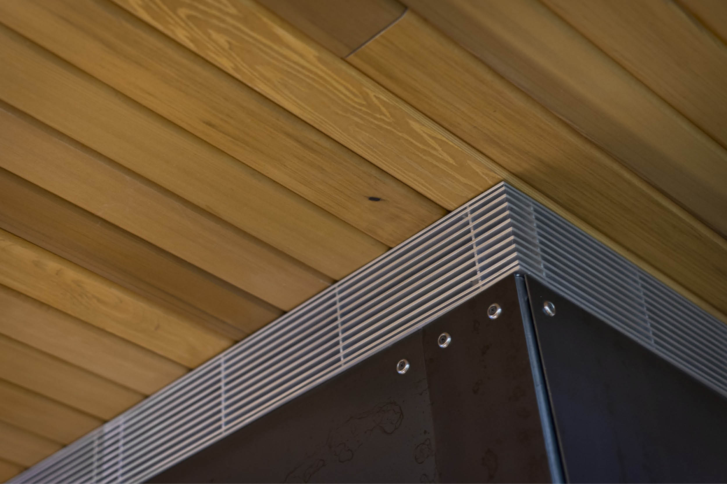 Modern Modular Prefab Cabin House | Greenbuild | Philadelphia | Fireplace Detail Black Steel Metal Grill Cedar Ceiling | RES4