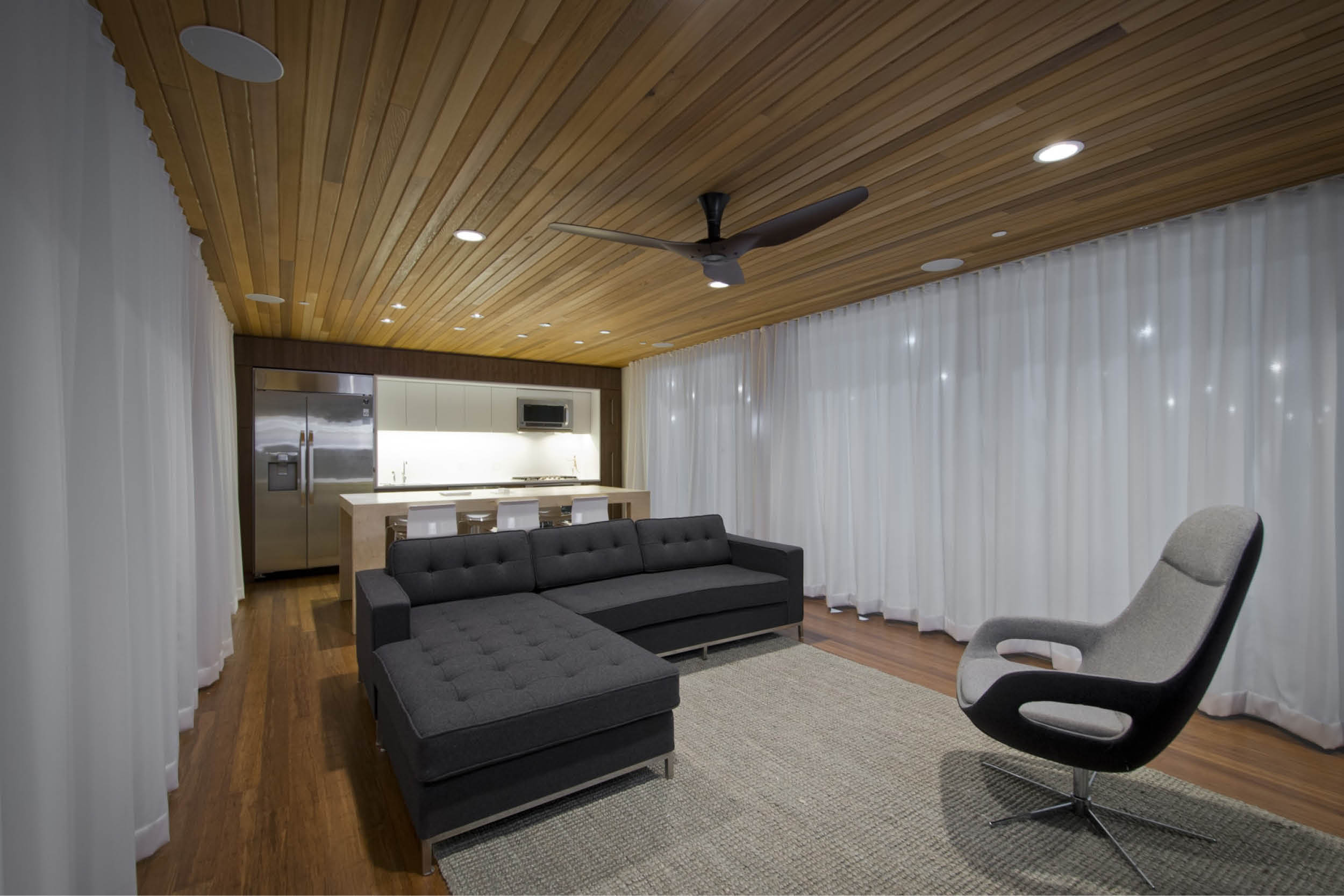 Modern Modular Prefab Cabin House | Greenbuild | Philadelphia | Living Room Cedar Ceiling Deck Sliding Doors | RES4