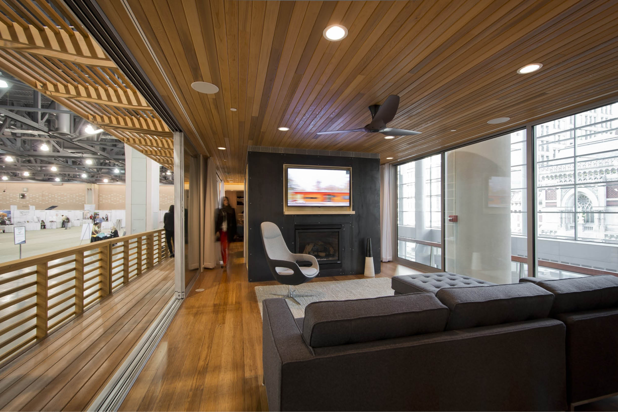 Modern Modular Prefab Cabin House | Greenbuild | Philadelphia | Living Room Cedar Ceiling Fireplace Black Steel Railing Deck Sliding Doors | RES4