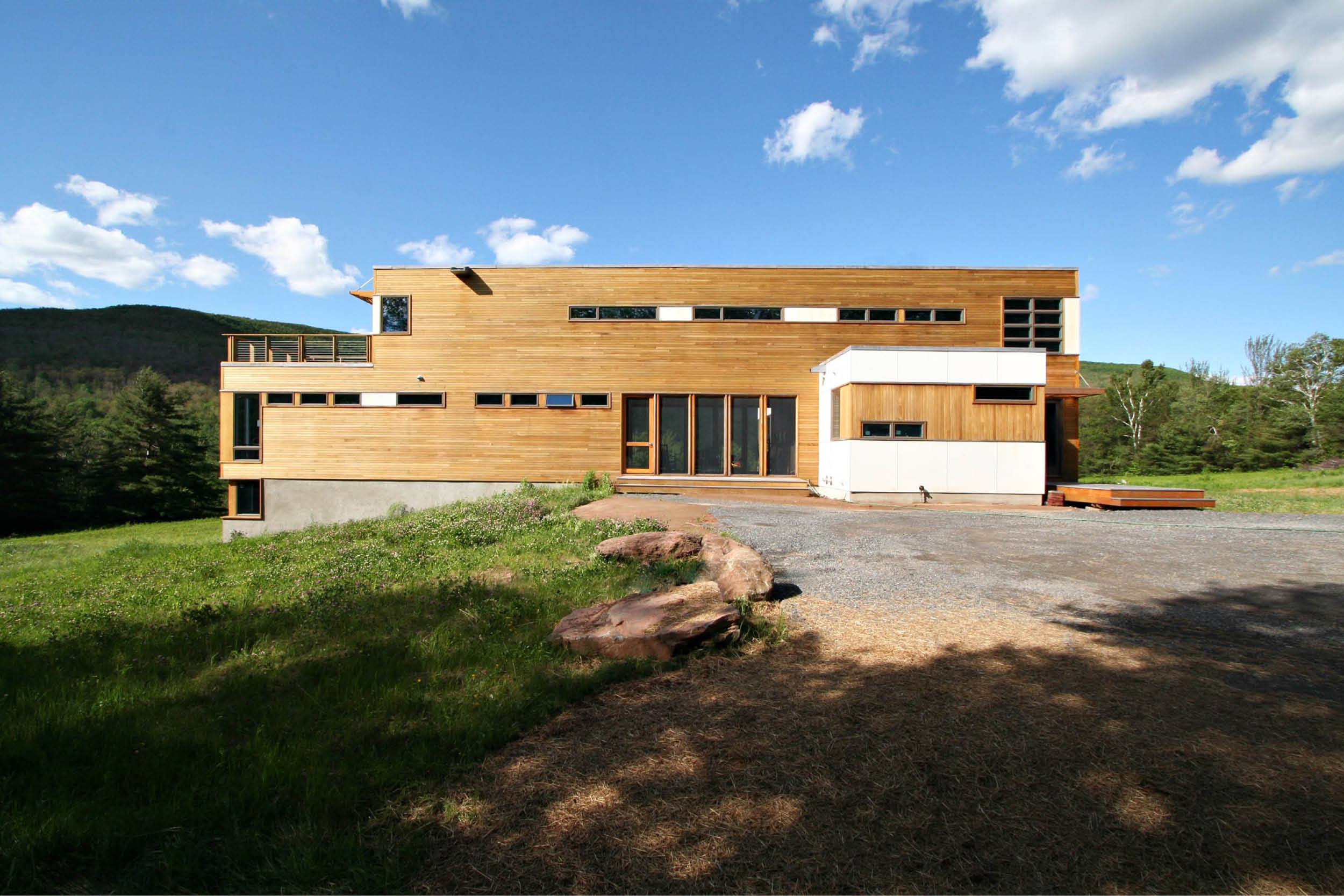 Modern Modular Prefab Meadow House | New York State | Cedar White Siding Large Windows Roof Decks Cable Rail | RES4