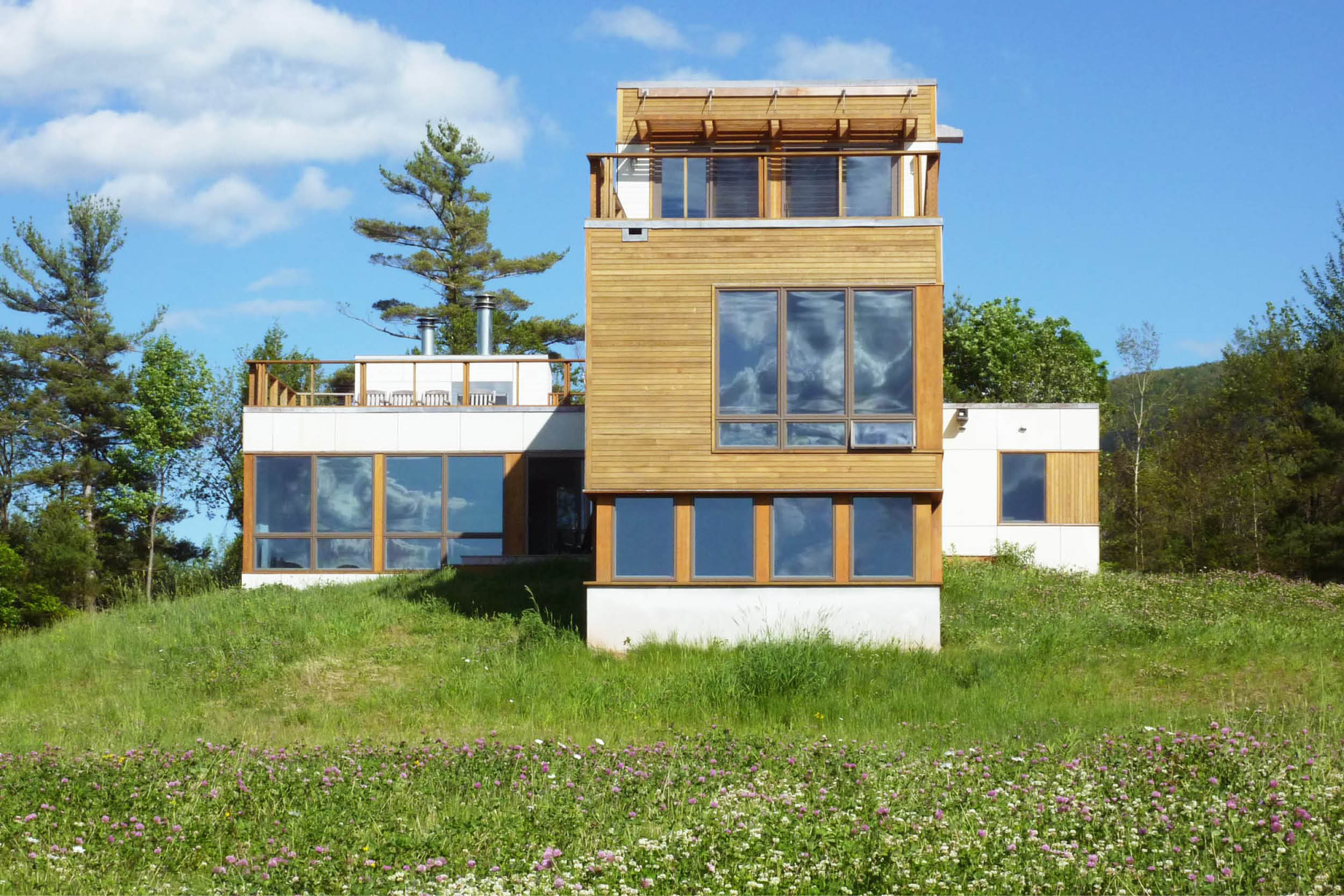 Modern Modular Prefab Meadow House | New York State | Cedar White Siding Large Windows Roof Decks Cable Rail | RES4