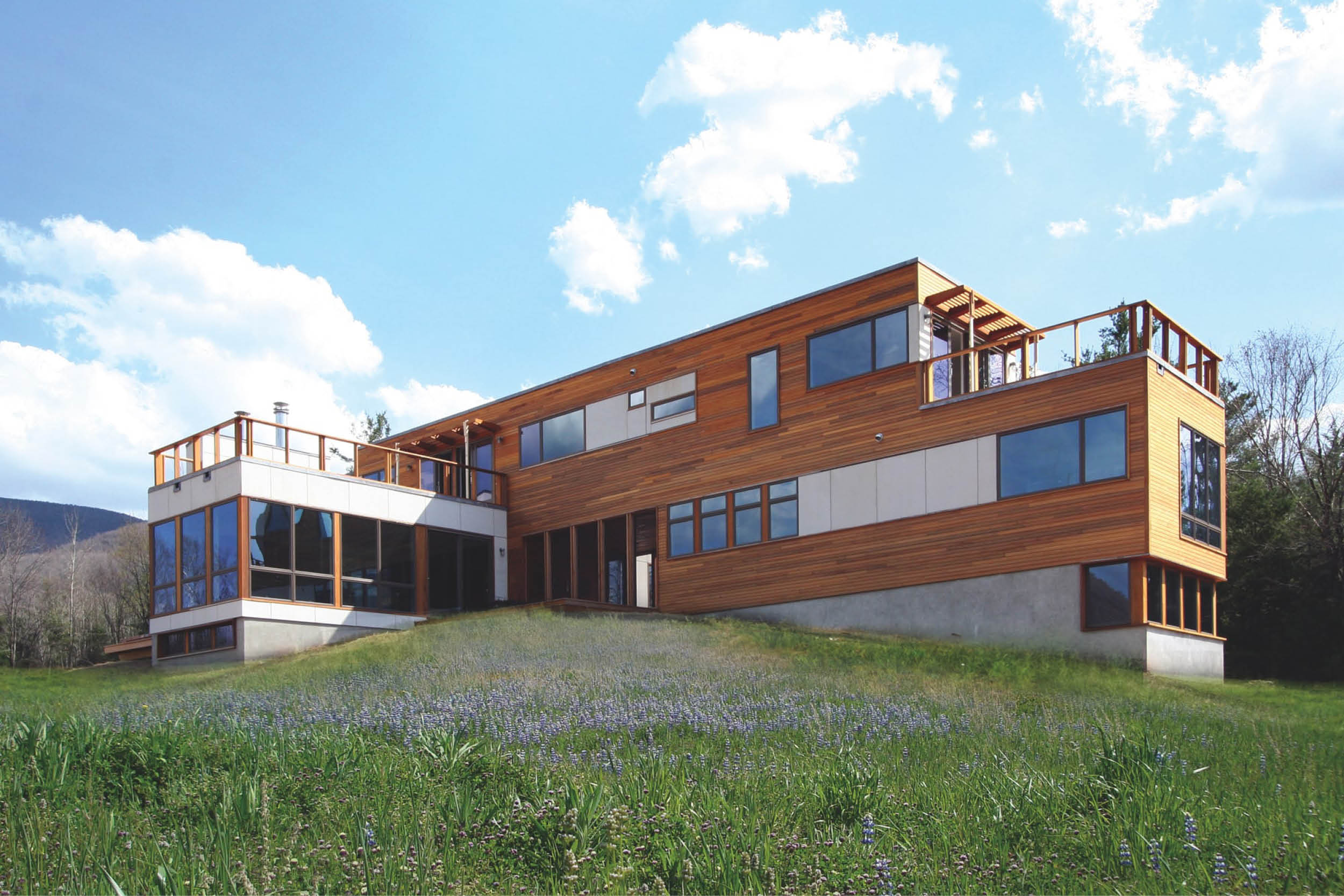 Modern Modular Prefab Meadow House | New York State | Cedar White Siding Large Windows Roof Decks Cable Rail | RES4