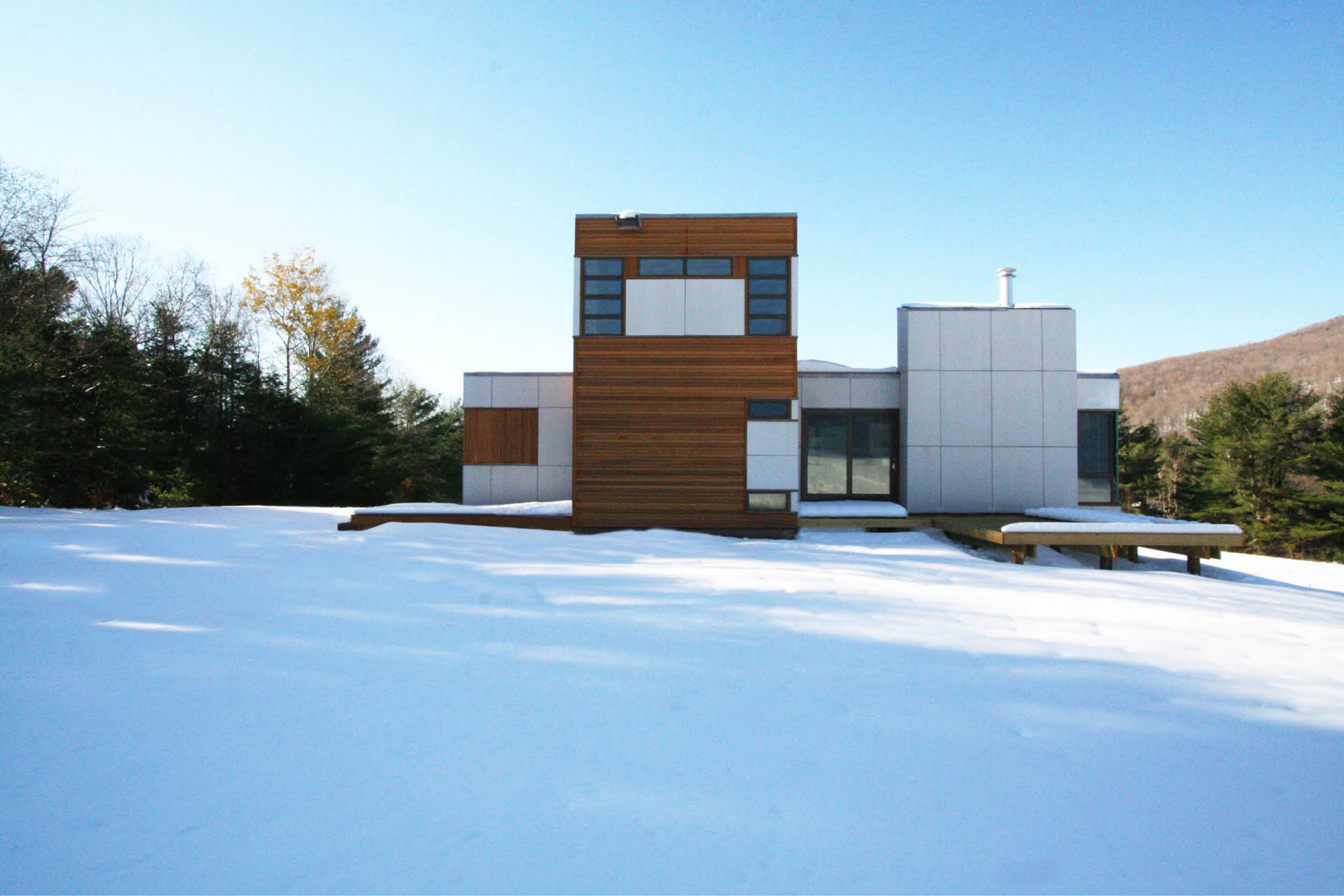 Modern Modular Prefab Meadow House | New York State | Cedar White Siding Large Windows Roof Decks Cable Rail | RES4