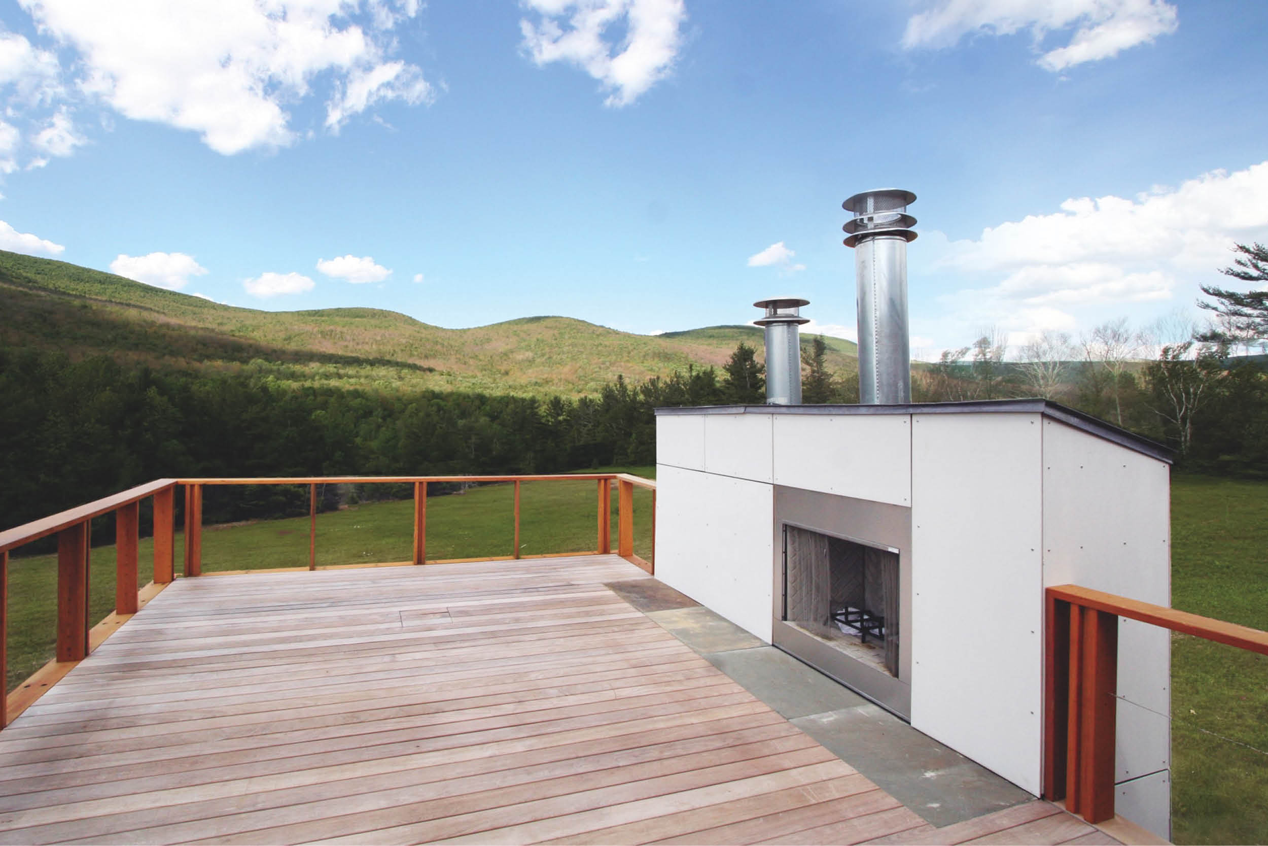 Modern Modular Prefab Meadow House | New York State | Roof Decks Ipe Fireplace White Siding Cedar Cable Rail | RES4