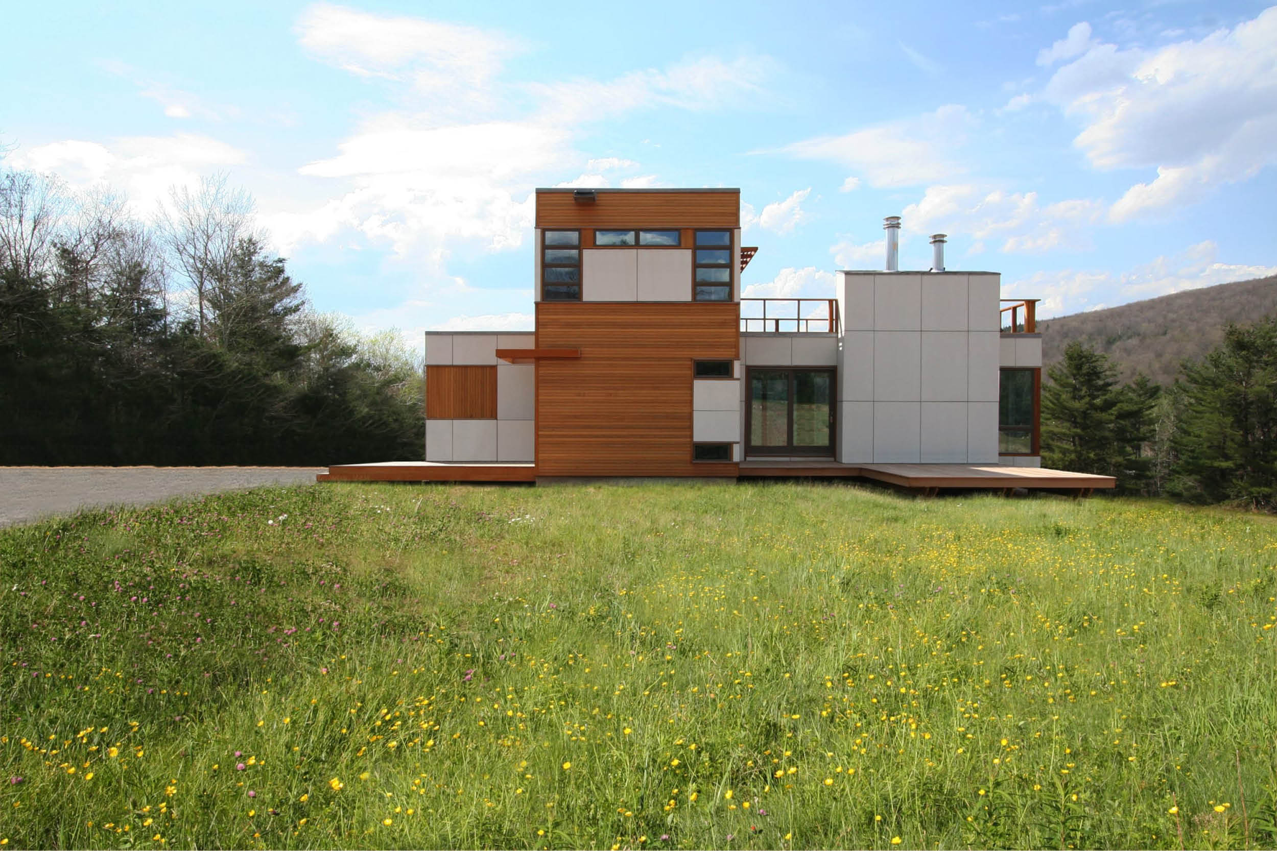 Modern Modular Prefab Meadow House | New York State | Cedar White Siding Large Windows Roof Decks Cable Rail | RES4