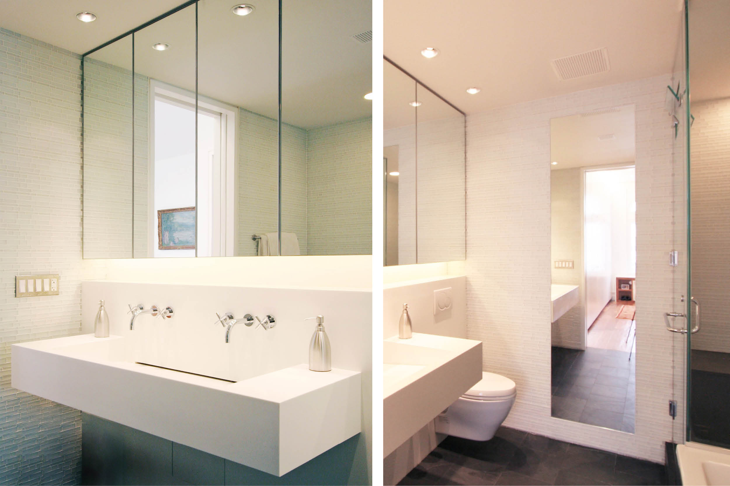 Loft Apartment Renovation | Union Square New York City 14th Street | Master Bathroom White Tile Custom Corian Sink Cove Light | RES4
