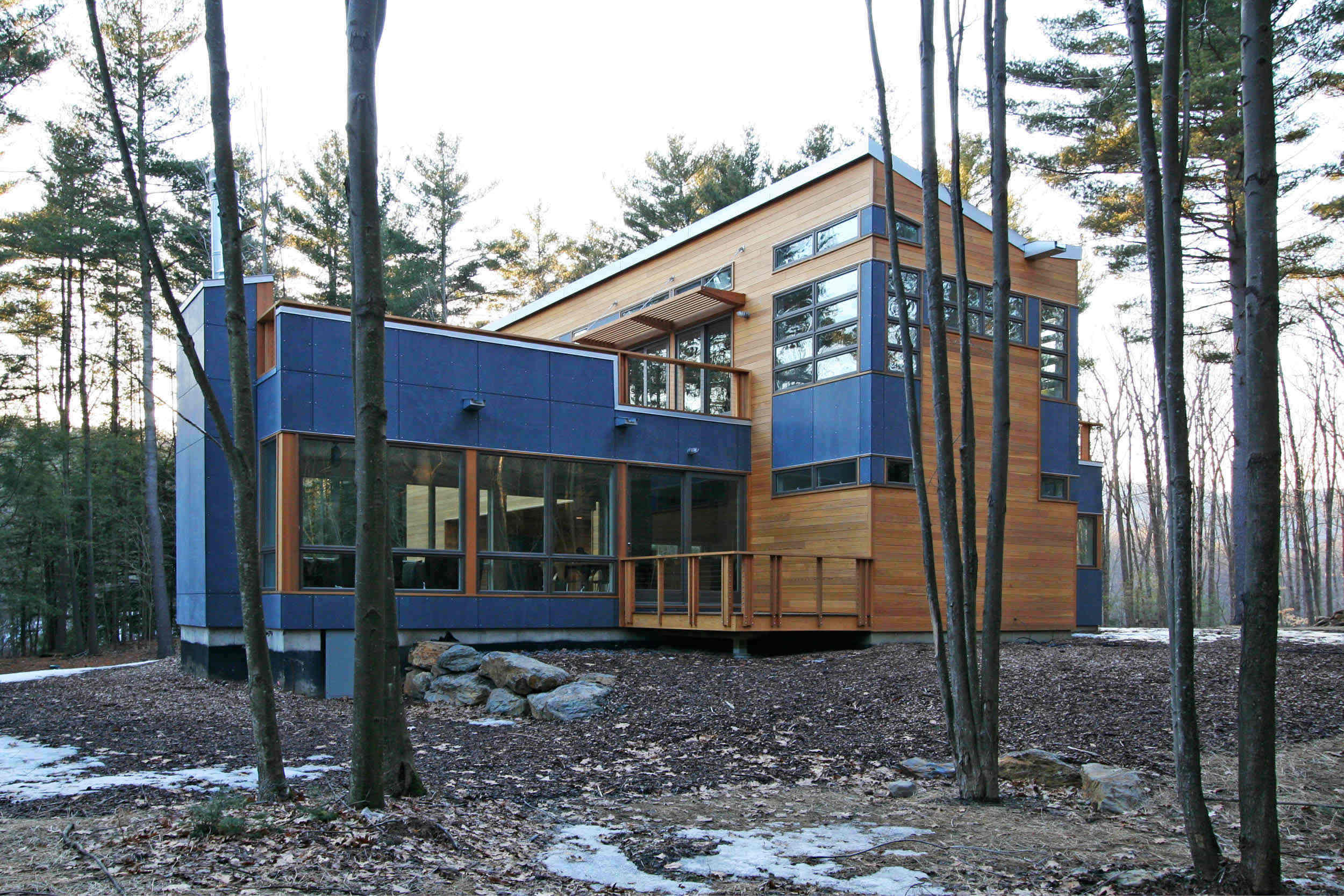 Modern Modular Prefab House | Berkshire Massachusetts | Butterfly Roof Cedar Siding Roof Decks Cable Rails | RES4