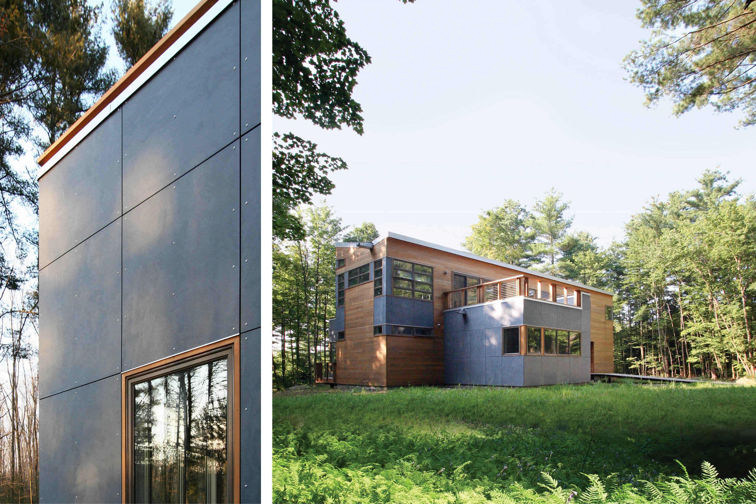 Modern Modular Prefab House | Berkshire Massachusetts | Butterfly Roof Cedar Siding Roof Decks Cable Rails | RES4