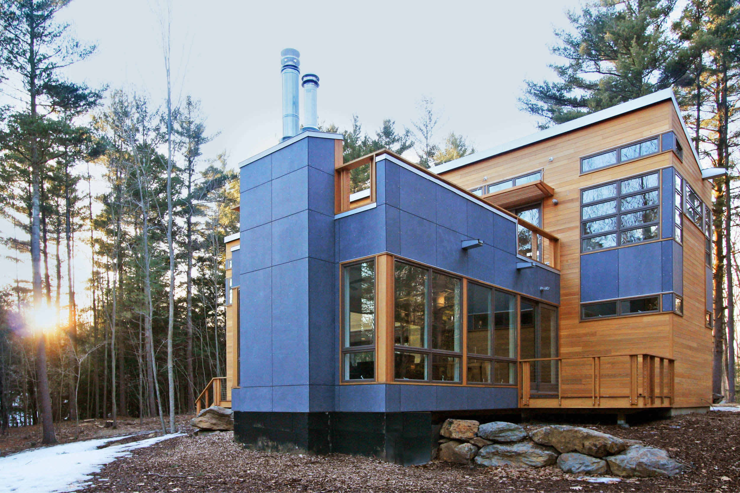 Modern Modular Prefab House | Berkshire Massachusetts | Butterfly Roof Cedar Siding Roof Decks Cable Rails Fireplace | RES4