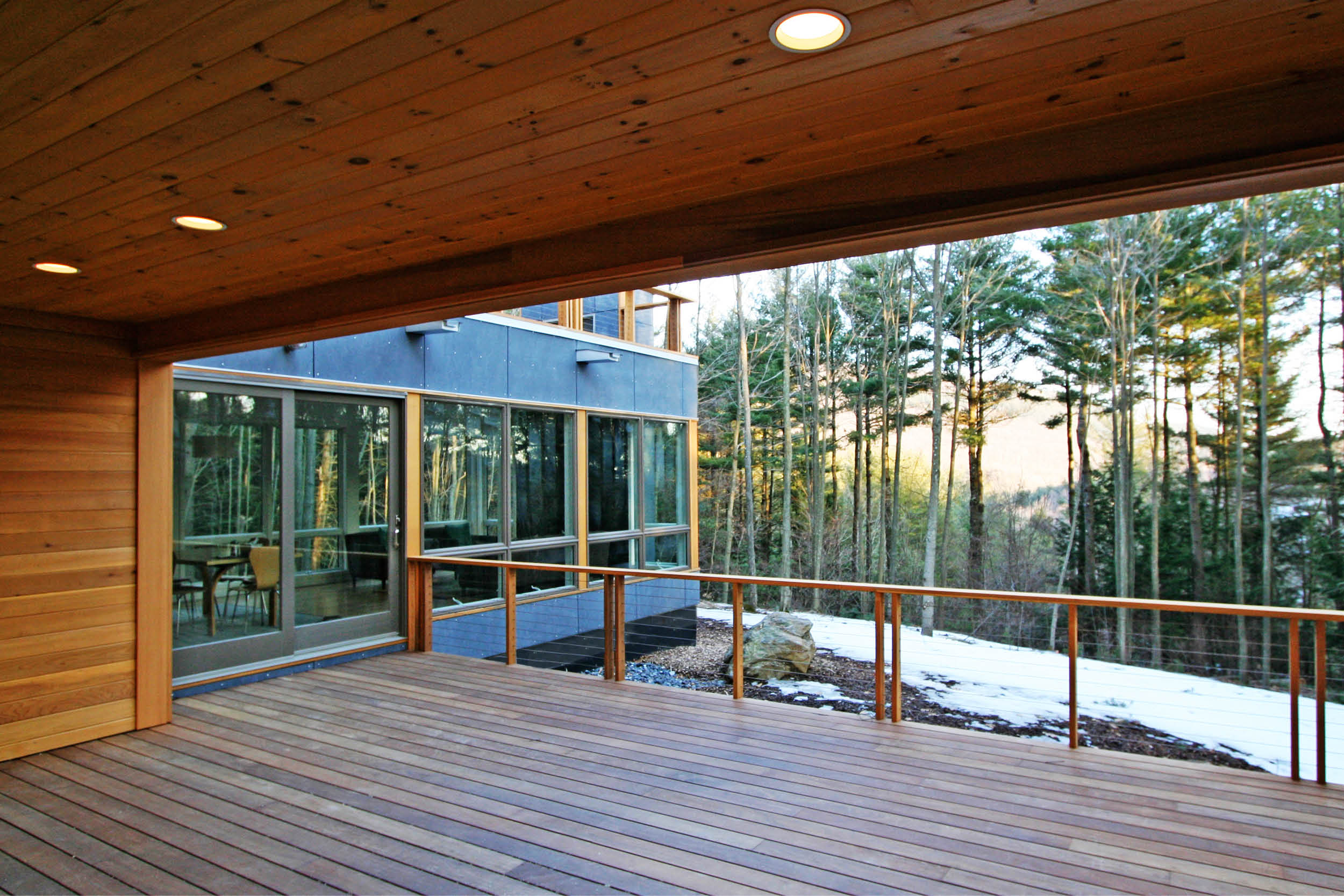 Modern Modular Prefab House | Berkshire Massachusetts | Covered Porch Cedar Ceiling Ipe Deck Cedar Cable Rail | RES4