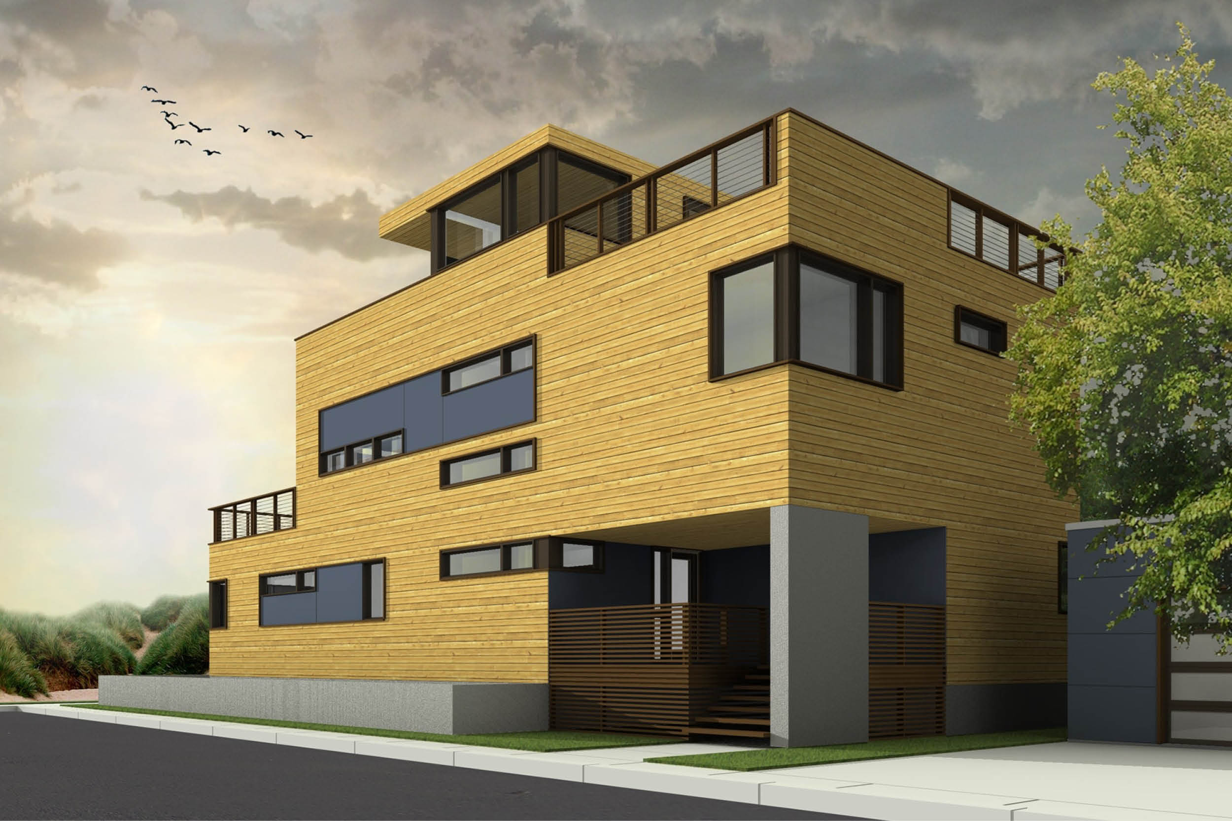 Modern Modular Prefab House | Lido Beach Long Island New York | Cedar Siding Roof Decks Screen Wall | RES4