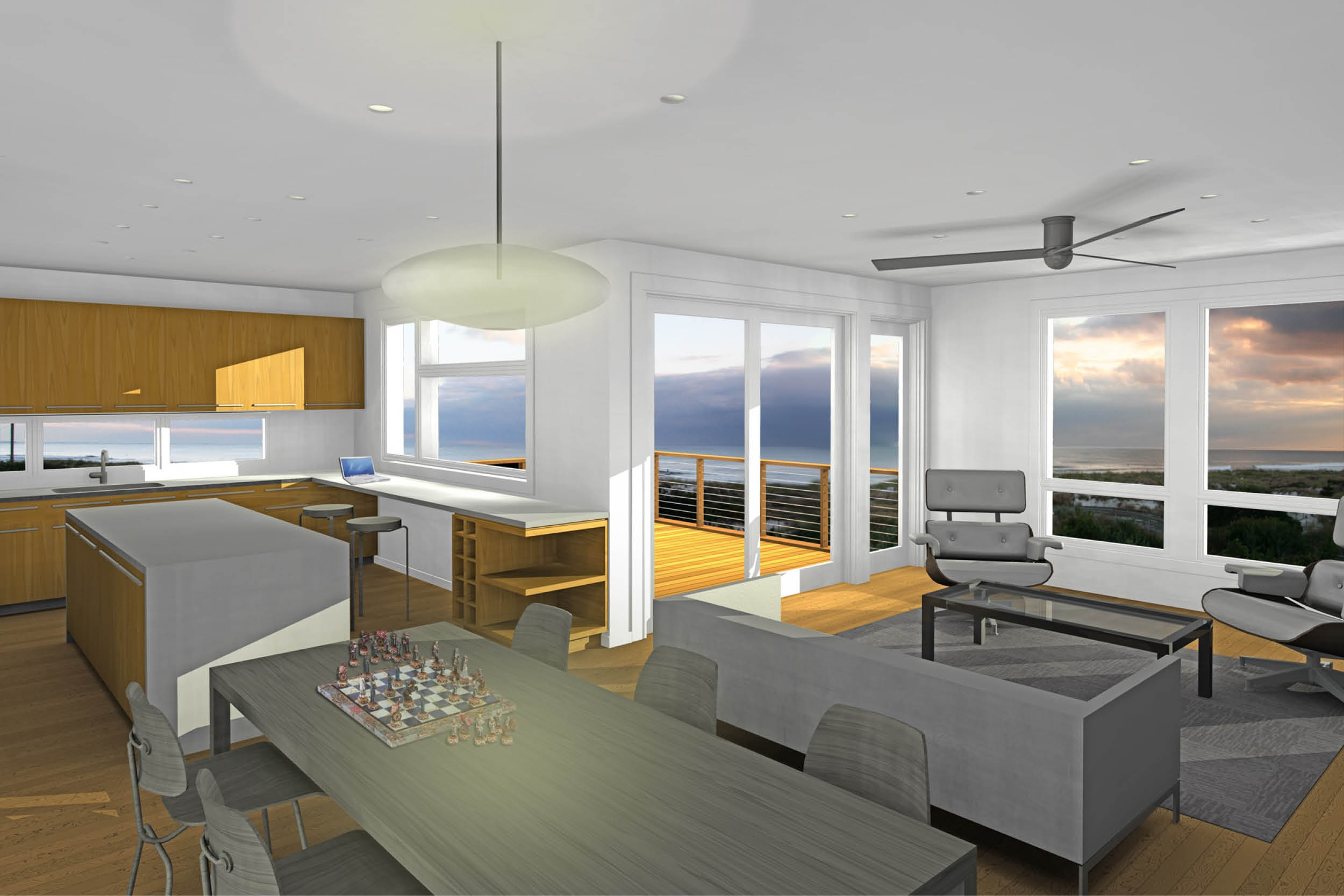Modern Modular Prefab House | Lido Beach Long Island New York | Kitchen Custom Cabinets Island Living Room Dining Room Sliding Glass Doors | RES4