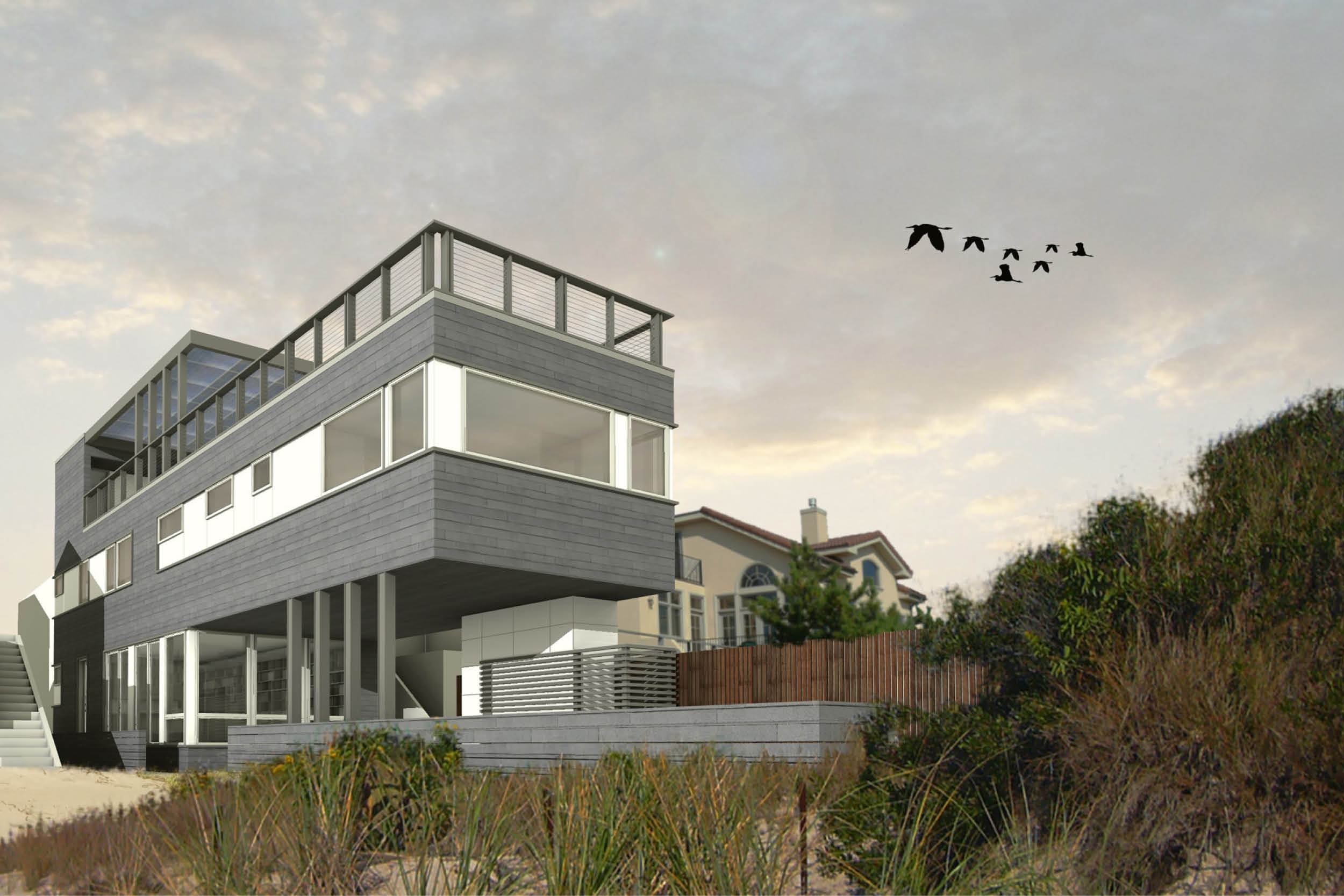 Modern Modular Prefab House | Long Beach Long Island New York | Roof Deck Cable Rail White Strip Windows | RES4