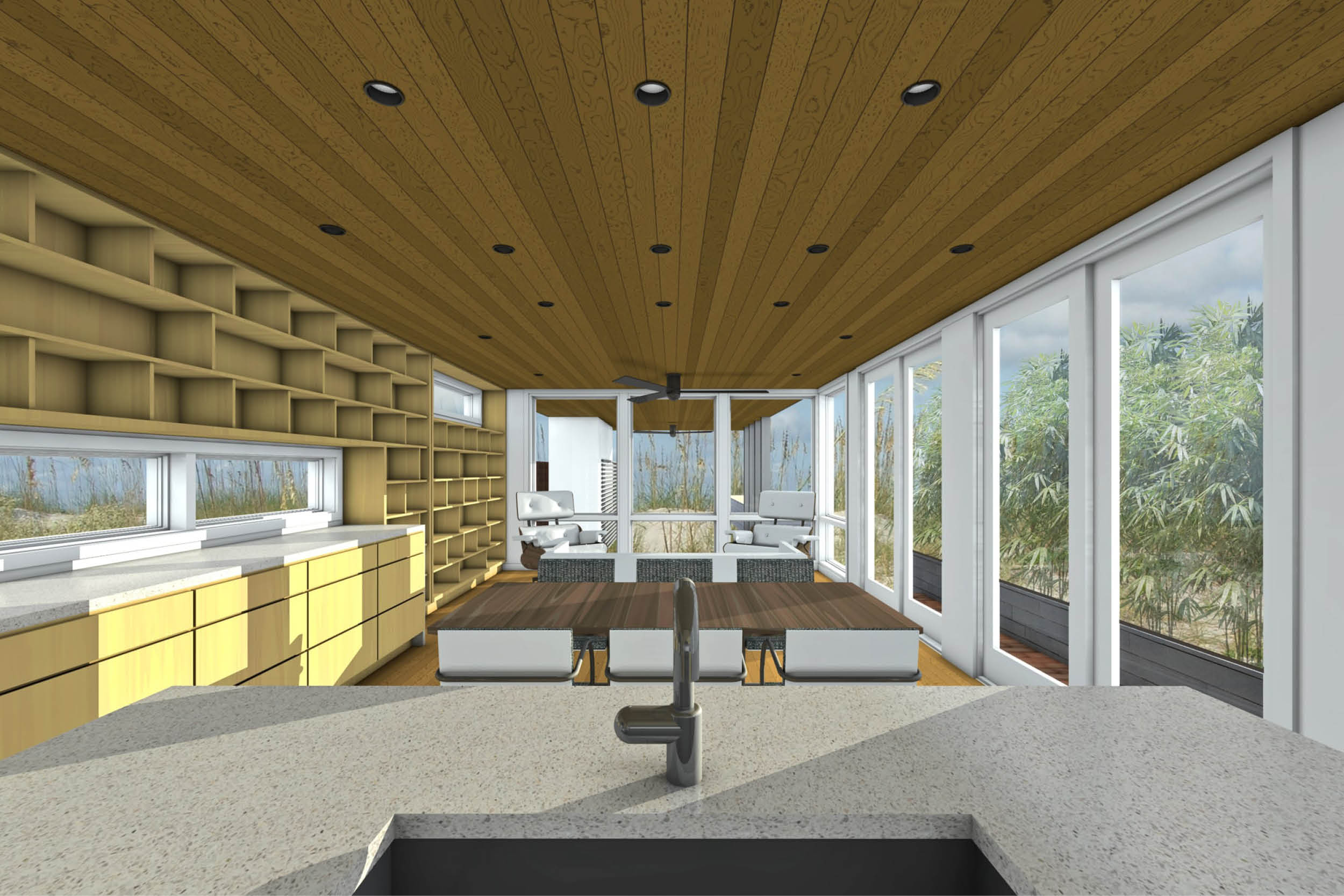 Modern Modular Prefab House | Long Beach Long Island New York | Kitchen Island Living Room Cedar Ceiling Built In Millwork Shelving Sliding Doors | RES4