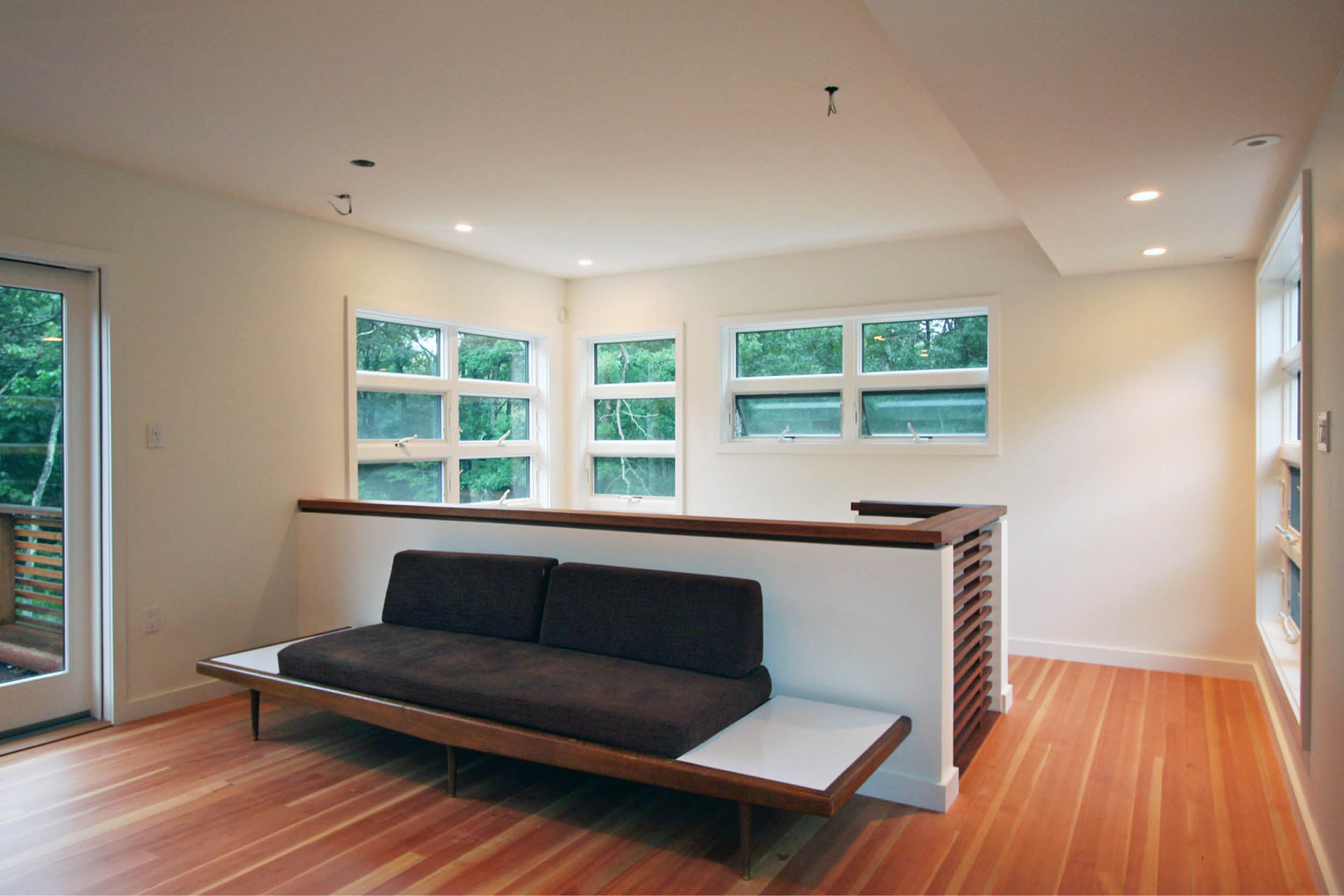 Modern Modular Prefab Summer Retreat House | East Hampton New York | Living Room Stairs Sliding Glass Doors | RES4
