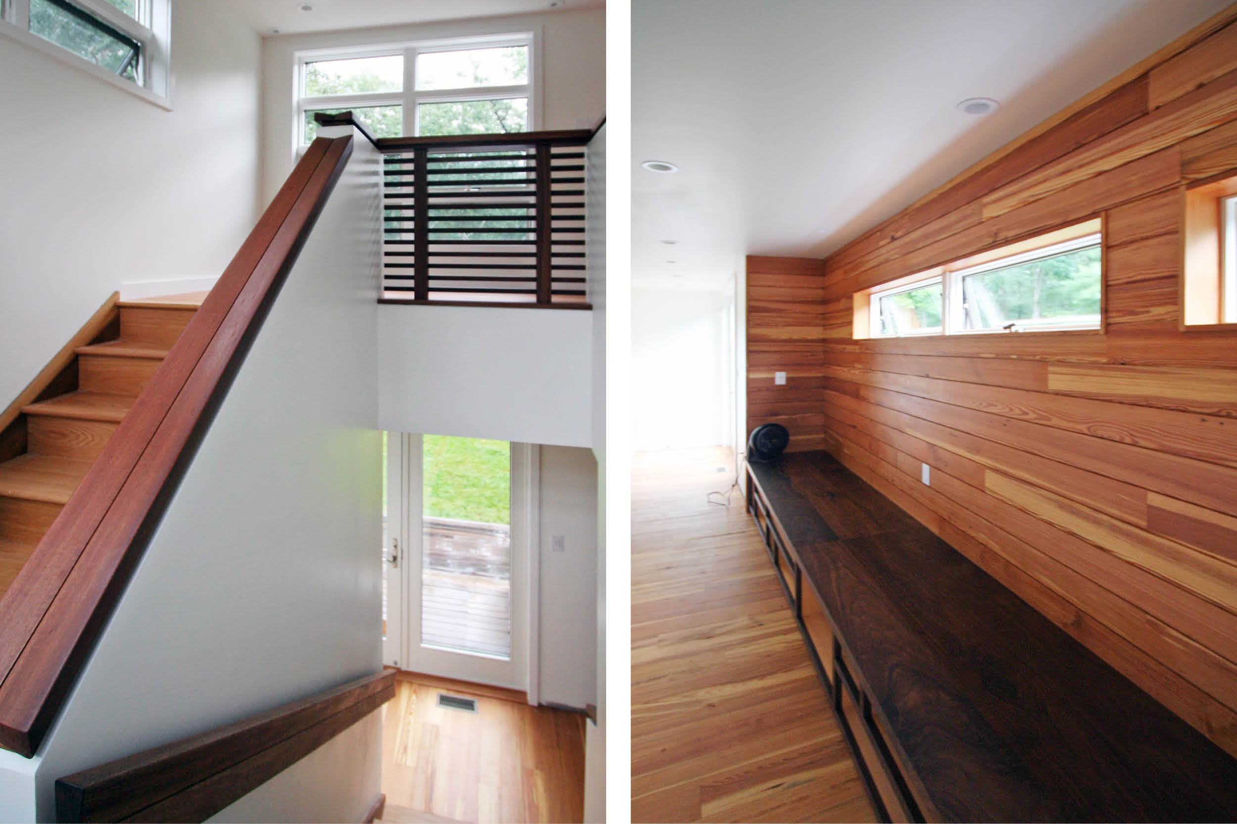 Modern Modular Prefab Summer Retreat House | East Hampton New York | Cedar Wall Bench Wood Stairs Wood Handrail Glass Doors | RES4