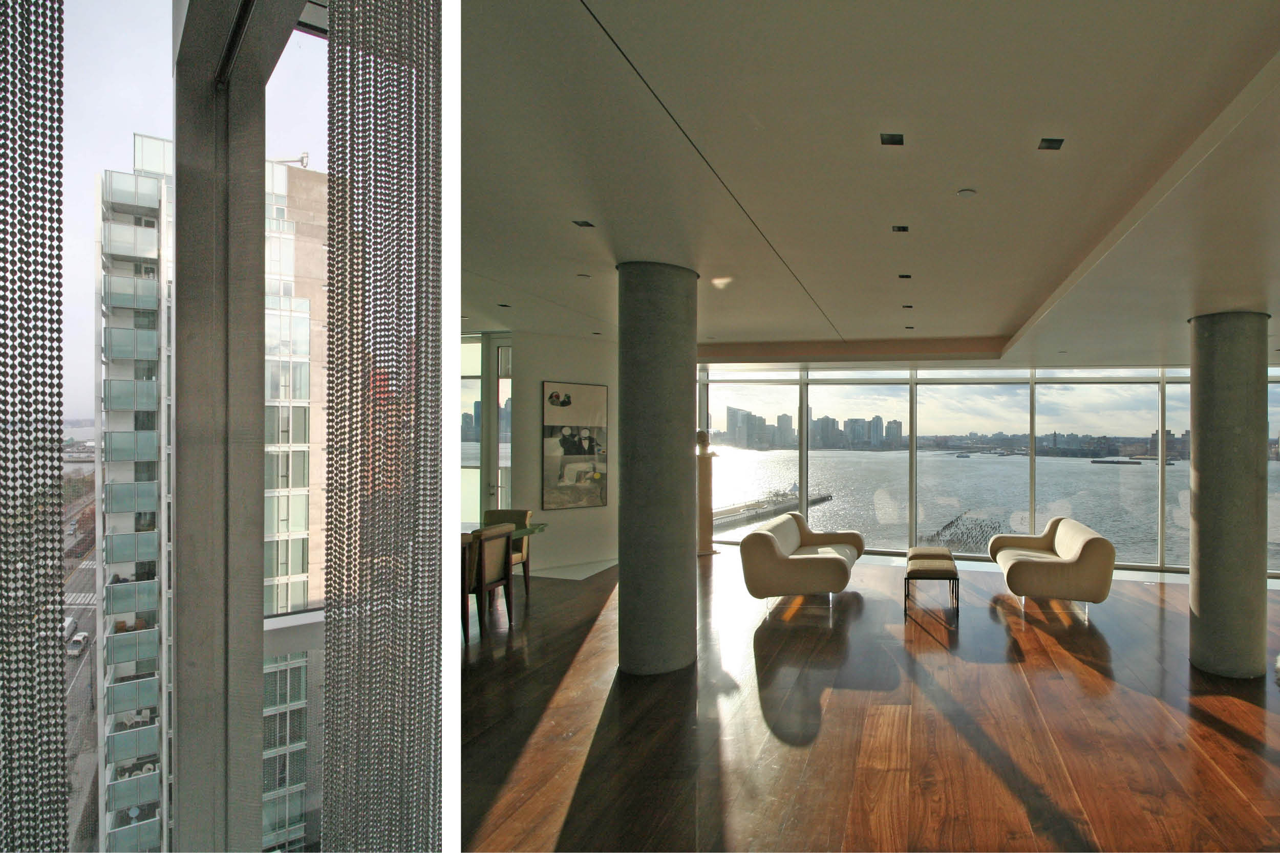 Modern Apartment Renovation | New York City | White Kitchen Concrete Columns Custom Cabinets Island Curtain Wall Windows Metal Chain Curtains | RES4