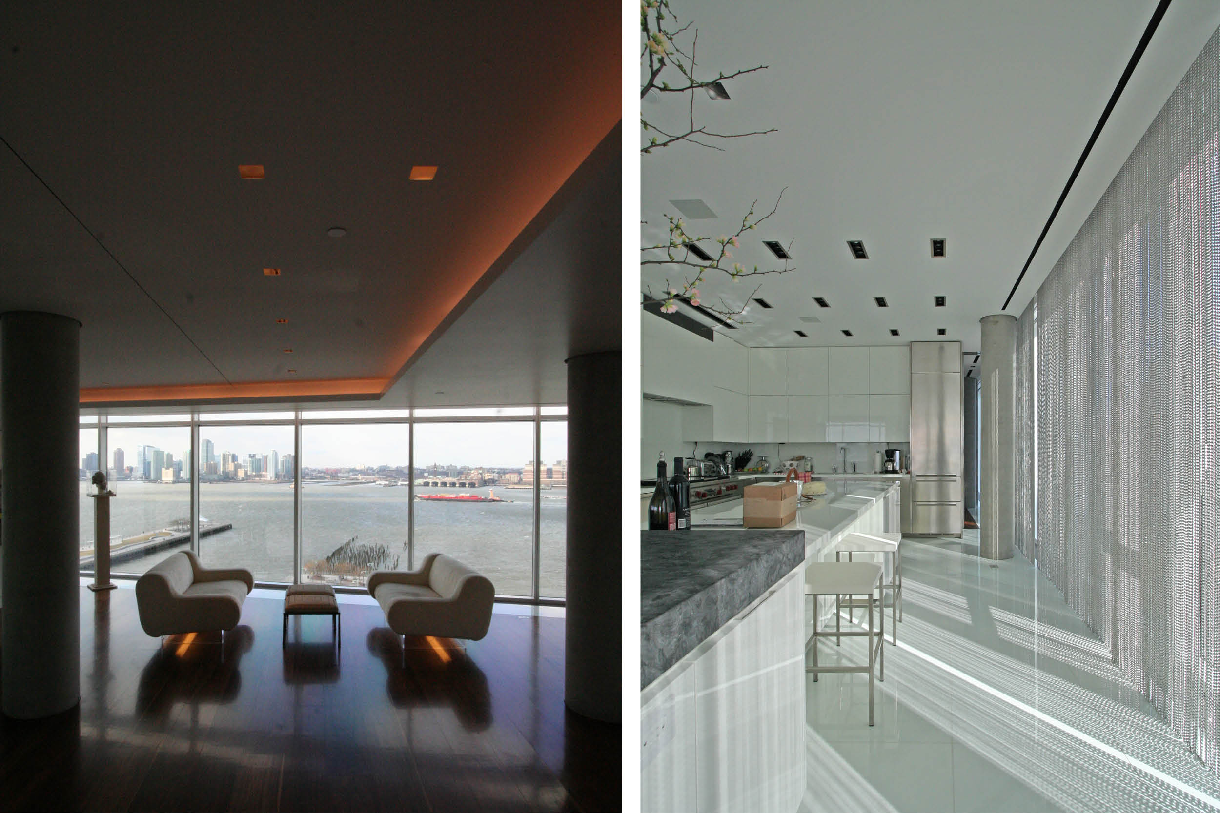 Modern Apartment Renovation | New York City | White Kitchen Concrete Columns Custom Cabinets Island Curtain Wall Windows Metal Chain Curtains | RES4