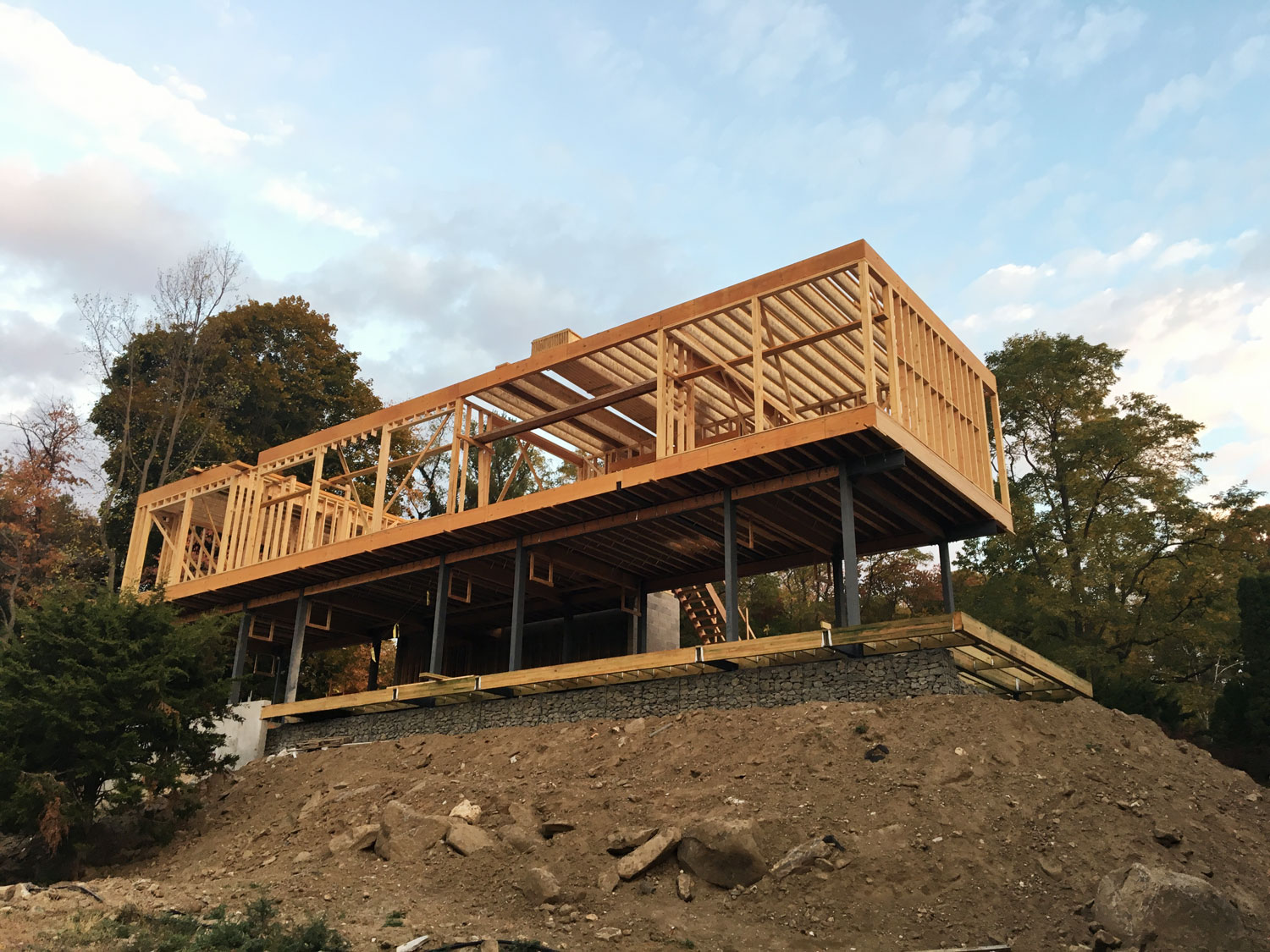   Exterior Perspective  - A long wood-framed "bar" that contains the home's communal spaces and two bedrooms sits on top of a steel frame. 