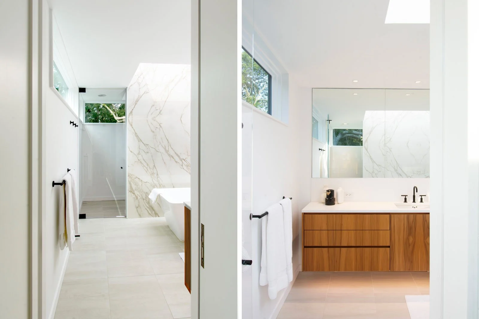 custom-modern-modular-prefab-hamptons-home-ny-architects-primary-bathroom-design-skylight-walnut-cabinet