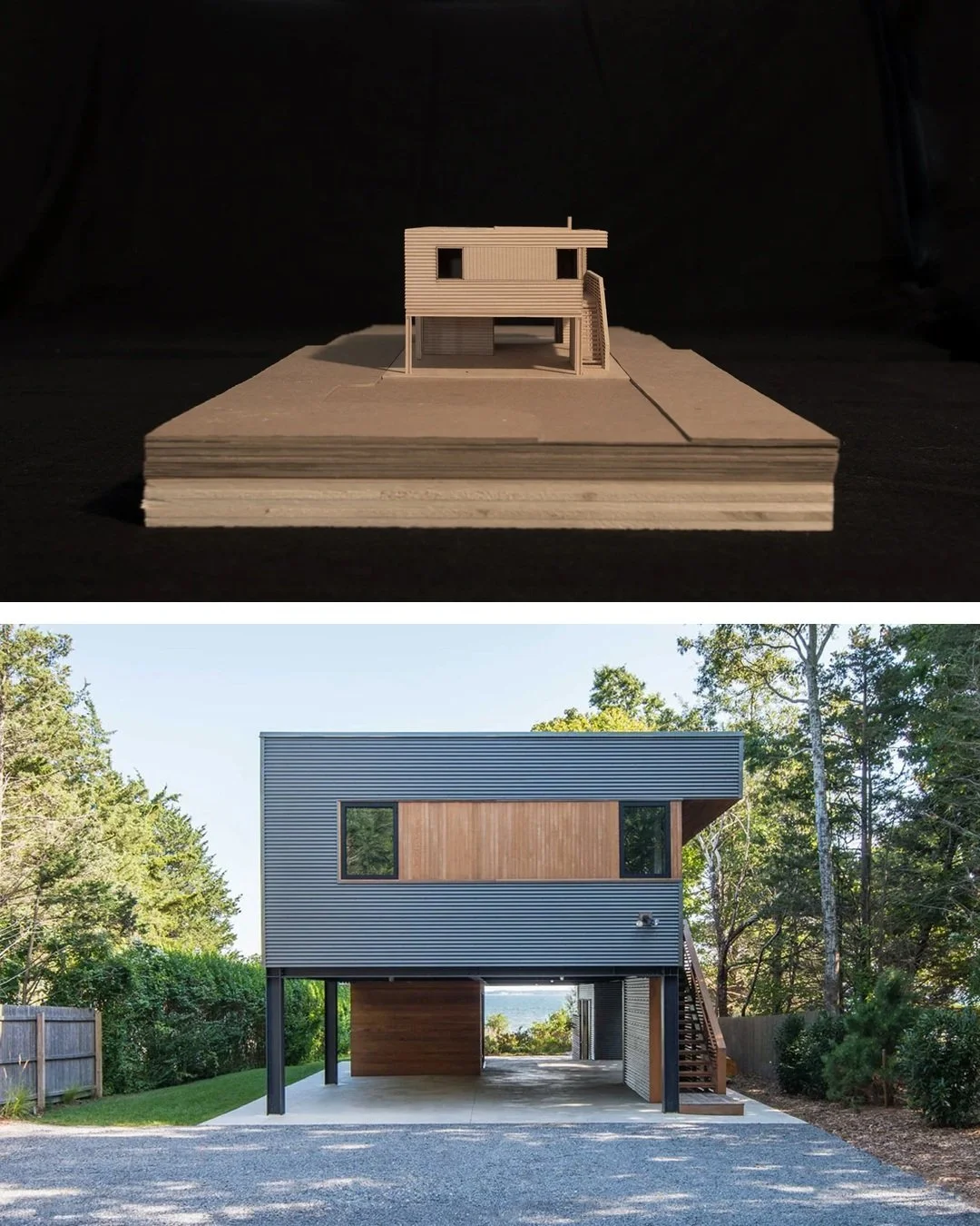 Model to reality...

North Fork Bay House

Two modular boxes are lifted above the site and organized around a courtyard, bringing daylight into the center of a compact plan while opening the main living spaces toward Great Peconic Bay. Within 1,650 s