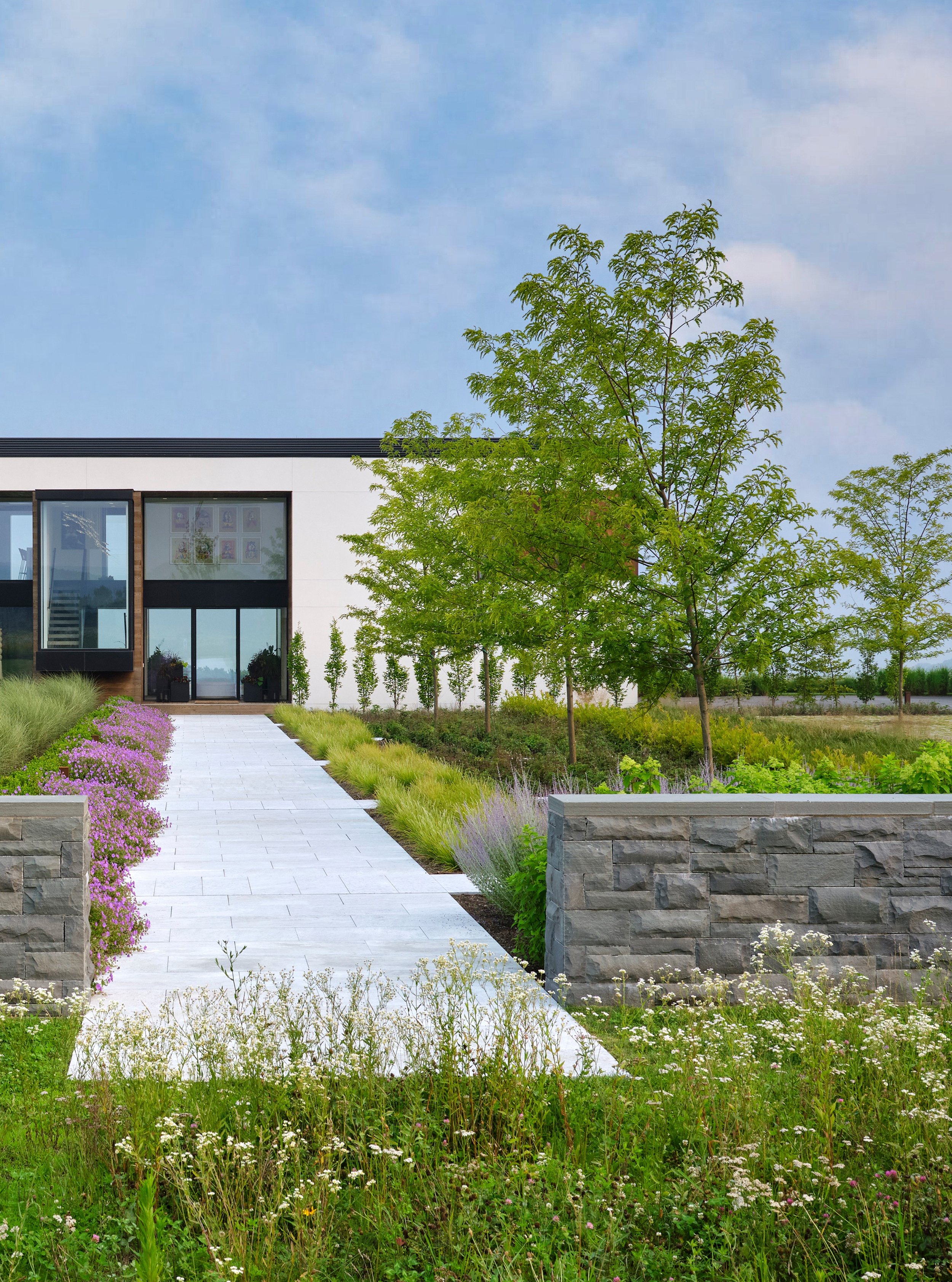 At Millbrook Residence, the architecture is organized around the landscape.

The main level is divided into two wings along an axis that carries the approach through the entry and toward long views across the meadow. Close to the house, the landscape