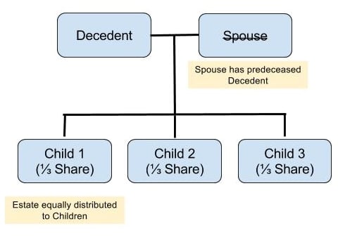 Children from a Previous relationship and a surviving spouse In this situation, the surviving spouse receives half of the estate while the Decedent’s children receive the other half distributed evenly. Former spouse receives nothing.