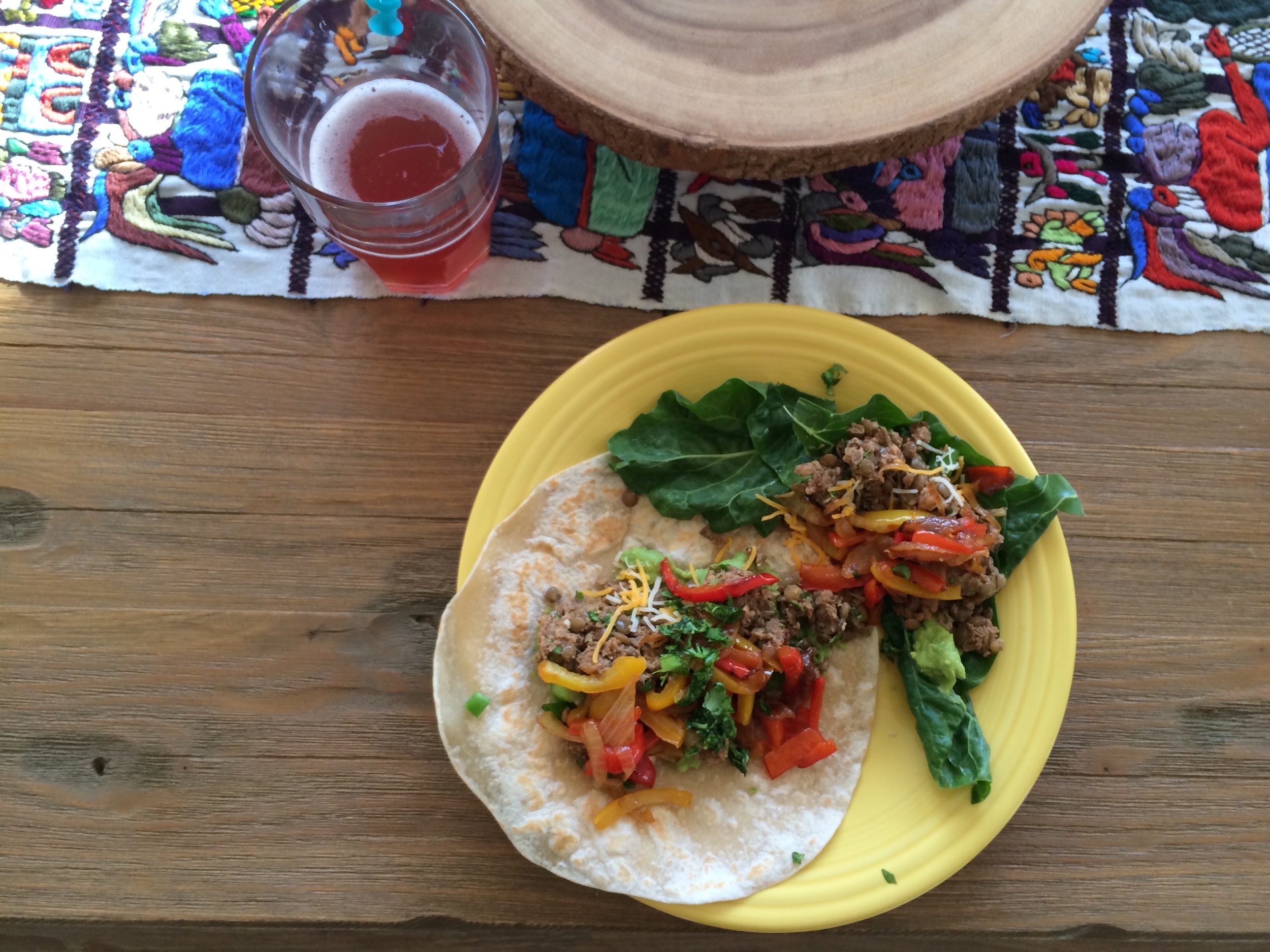 Ultimate walnut lentil 'meat' tacos from Oh, She Glows recipes. Also, homemade pomegranate kombucha made by our Seekers Ian and Martyn, yum.