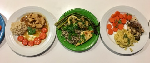 From left to right, Ian's "Chicken Stir-Fry", Martyn's "Chicken and Mushrooms", and Nathan's "Garden and Grains Chicken".