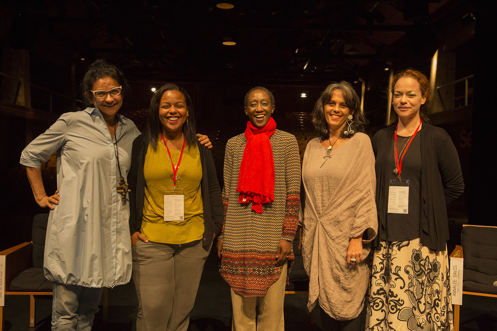  L to R: Solange Farkas (Videobrasil), María Elena (PAMM), N'Gone Fall (GawLab), Annalee Davis (Fresh Milk) and Holly Bynoe (ARC Inc.)
