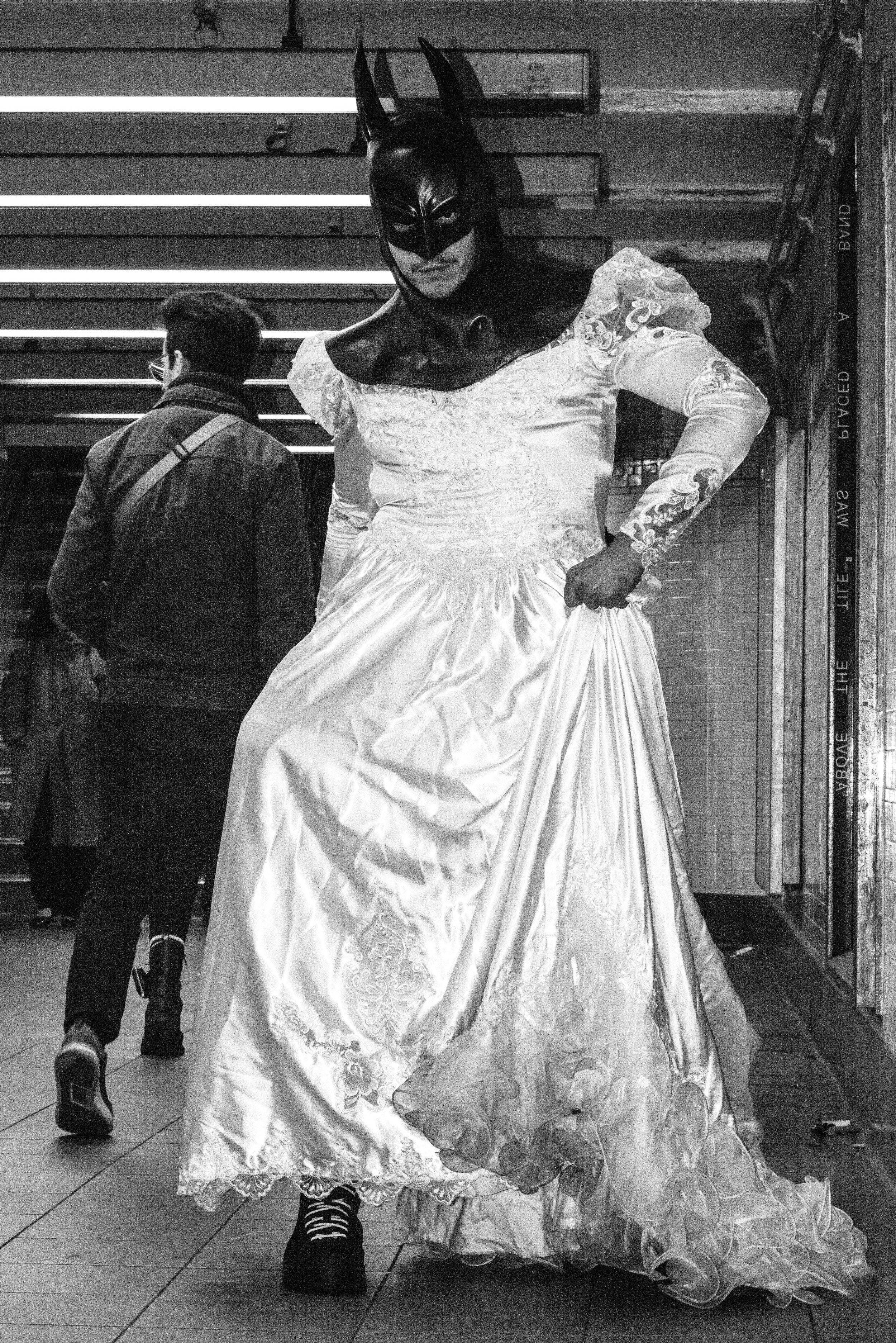 Batman in Dress Subway Pose B&W Halloween NYC.jpg