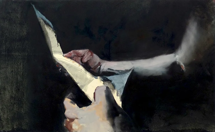 "Did you read the letters before you burned them? Did you take off the satin ribbon?" oil and charcoal on clear primed canvas, 5' x 3', 2014