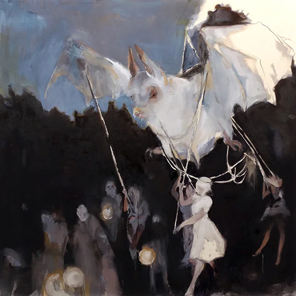 "Among her wildering whiles, forgetting him," oil on clear primed canvas, 5' x 5', 2014