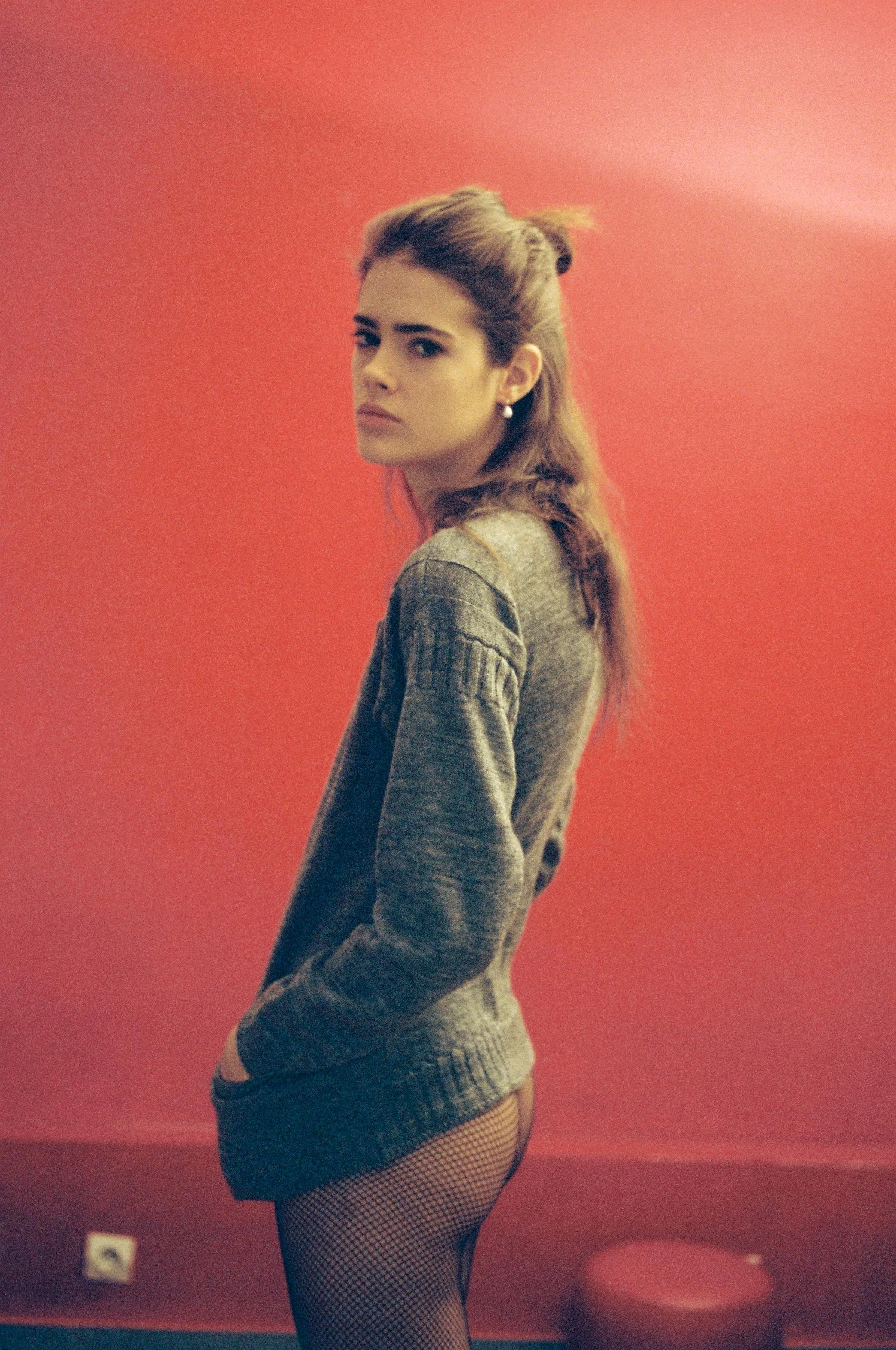 Cashmere knitted jumper MARGARET HOWELL, tights WOLFORD, gold white pearl earrings SWEET PEA JEWELLERY.
