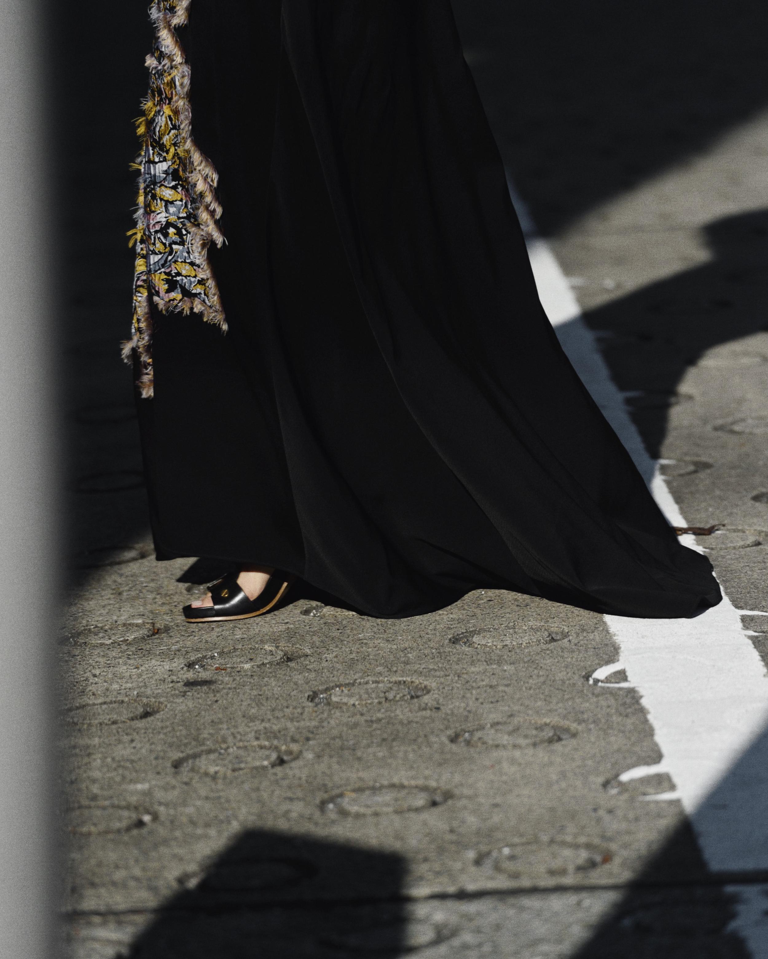  Fringed jacquard gown and vegetal calfskin Erika sandals  CHLOÉ.  