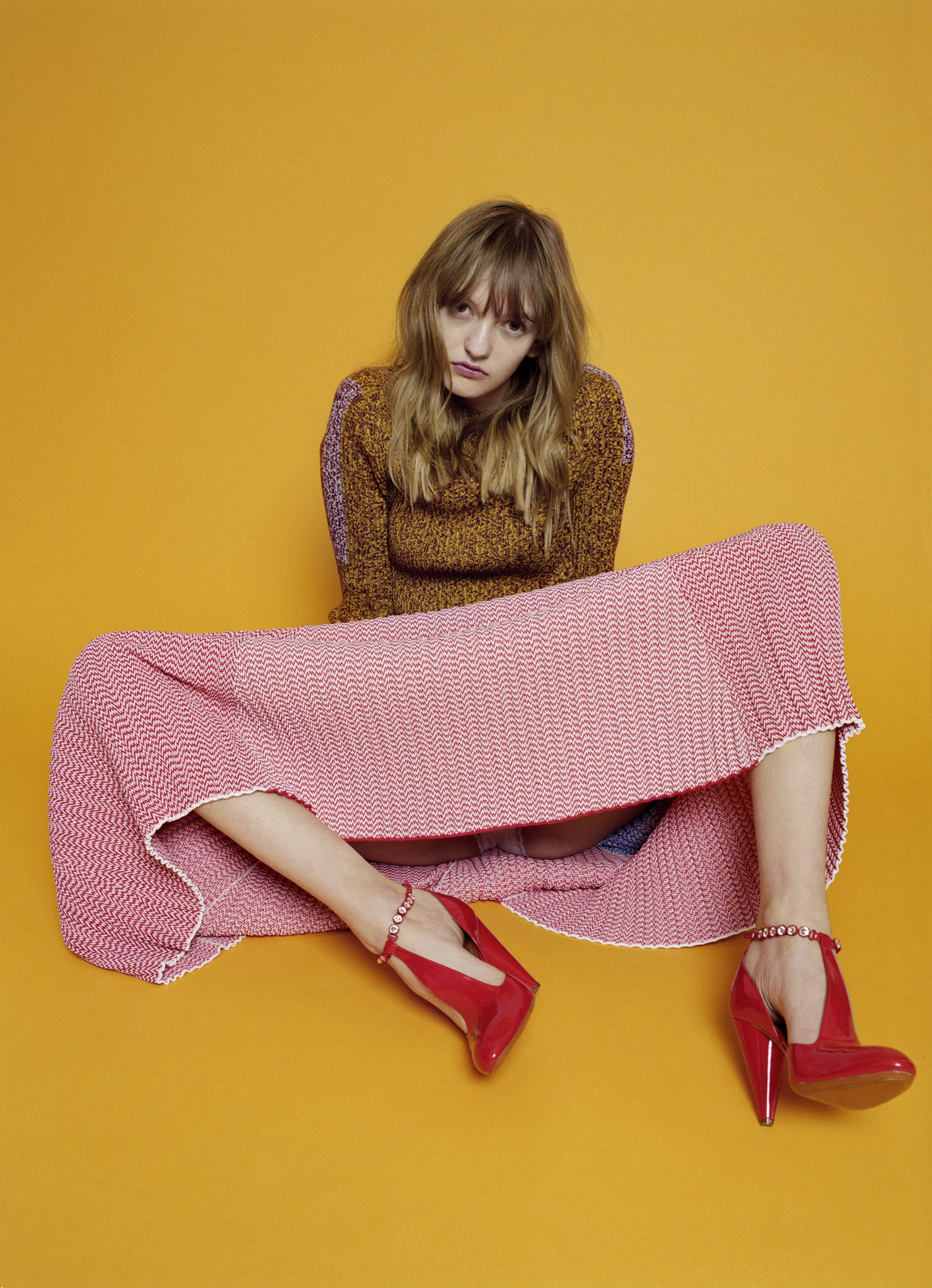  Knitted jacquard ensemble and red patent ankle strap pumps  CÉLINE.  