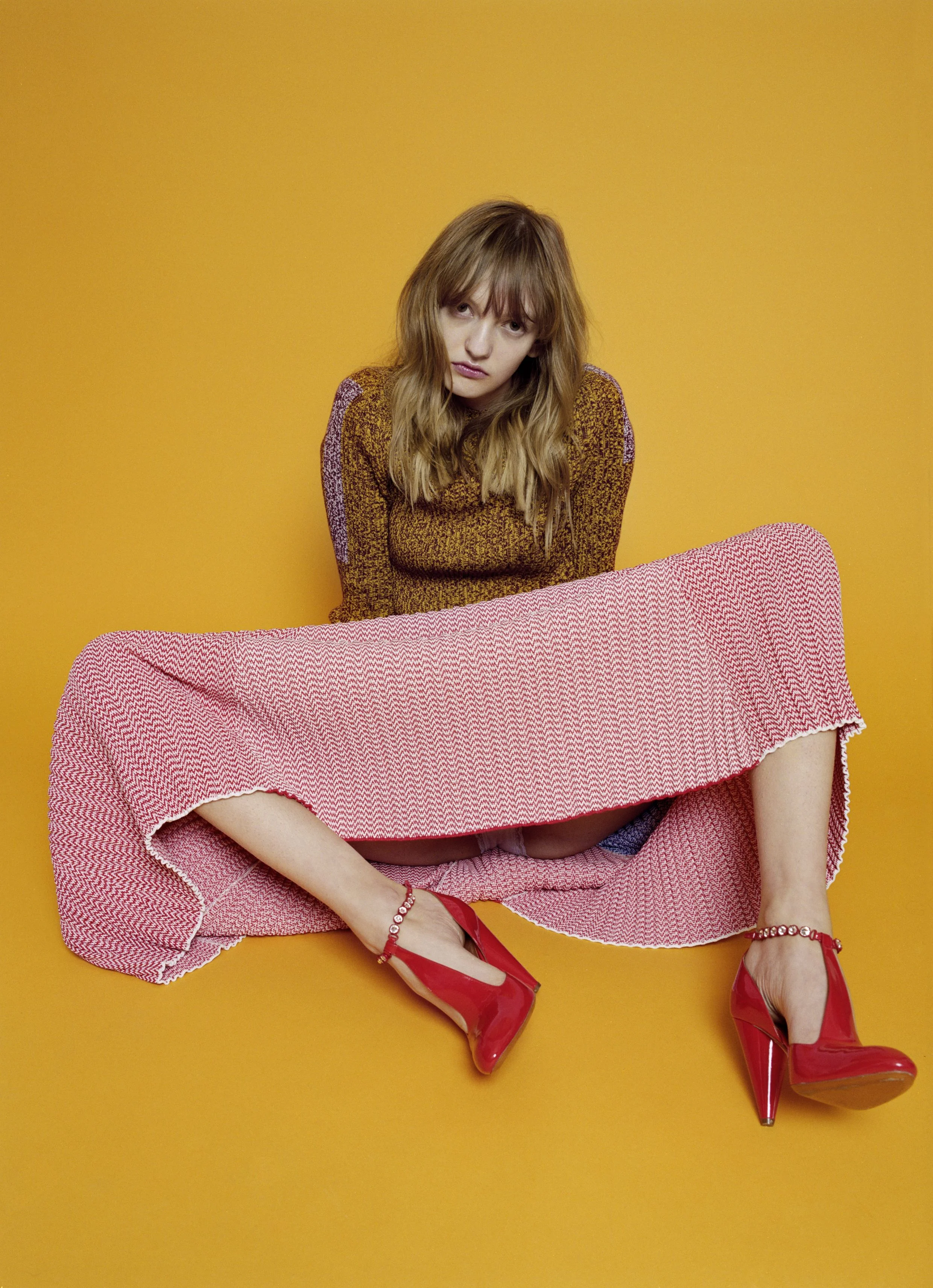Knitted jacquard ensemble and red patent ankle strap pumps CÉLINE.