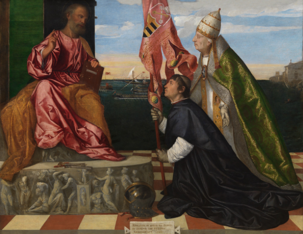    Titian, Jacopo Pesaro Being Presented by Pope Alexander VI to Saint Peter, 1508–11.   Oil on canvas. 147.8 x 188.7 cm. Koninklijk Museum voor Schone Kunsten, Antwerp Photo © Royal Museum for Fine Arts Antwerp /&nbsp;  www.lukasweb.be  &nbsp;- Art 
