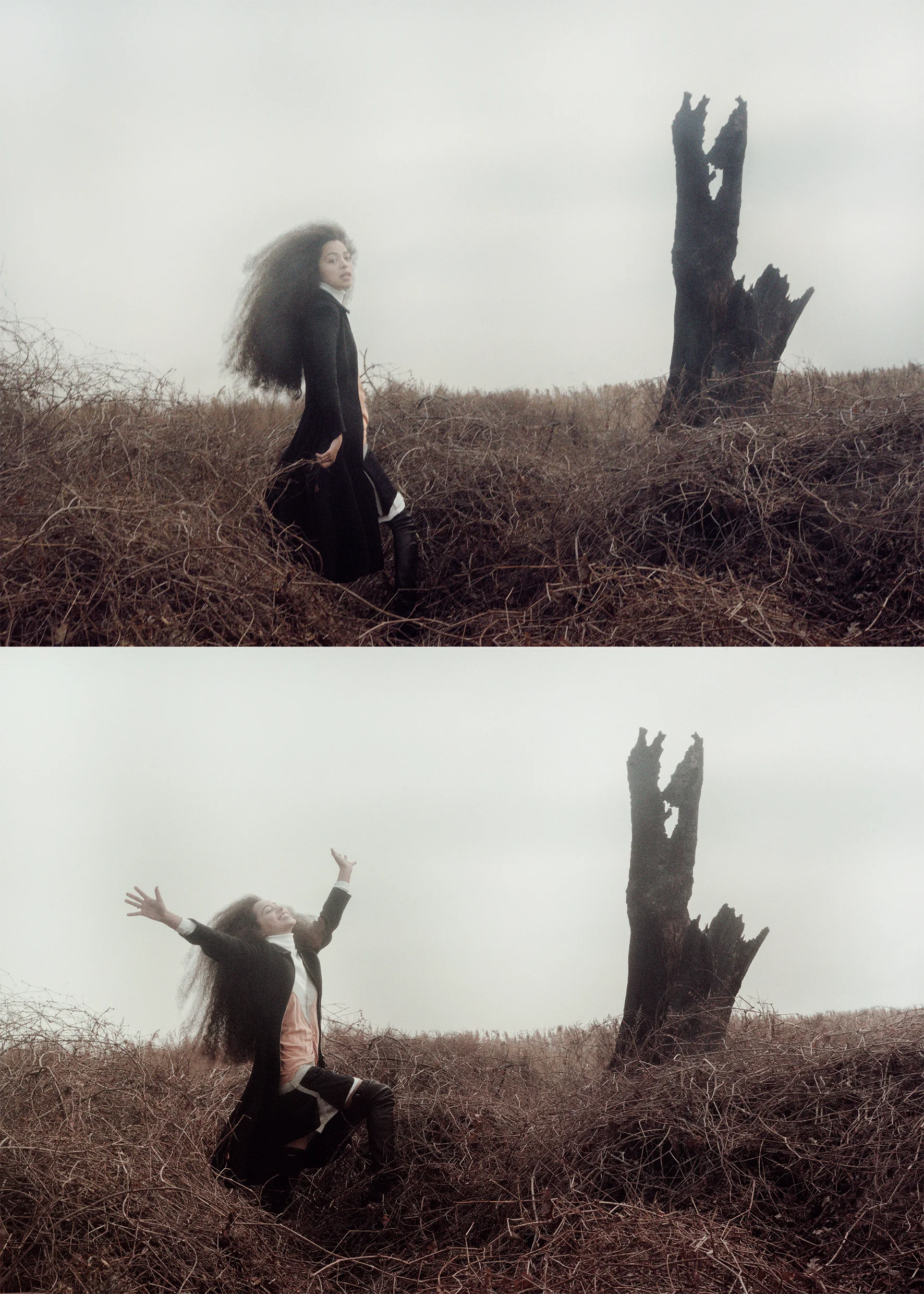 Cotton white turtleneck dress MR.LARKIN, silk and metallic mesh bi-color dress PRADA from A.J.H ARCHIVES, vintage wool black coat PRADA, leather black country boots CÉLINE. 