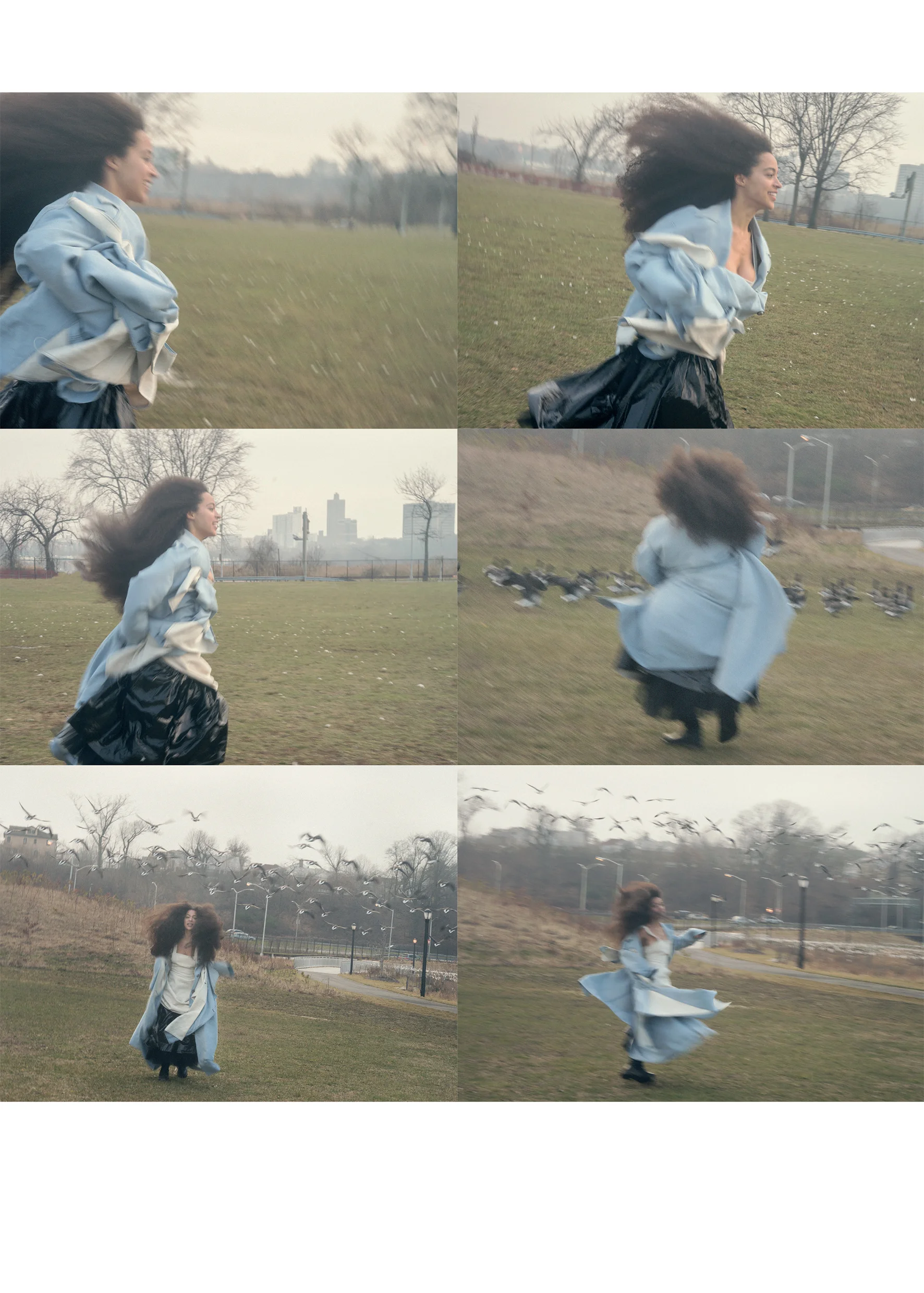 Oversized blue and beige canvas coat CLAUDIA LI, raw canvas ivory dress WRAY, vinyl black full skirt MARC JACOBS, leather black country boots CÉLINE. 