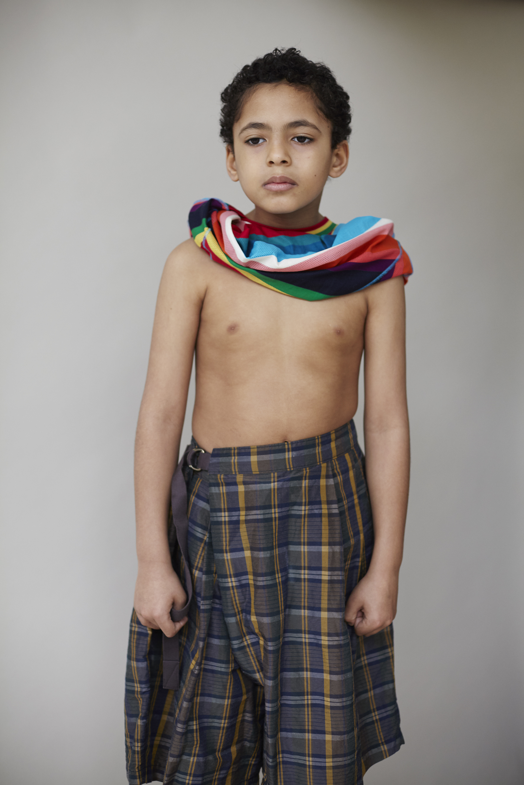  Multicolor crew neck striped cotton t-shirt PAUL SMITH, oversized gingham silk shorts KOLOR. 