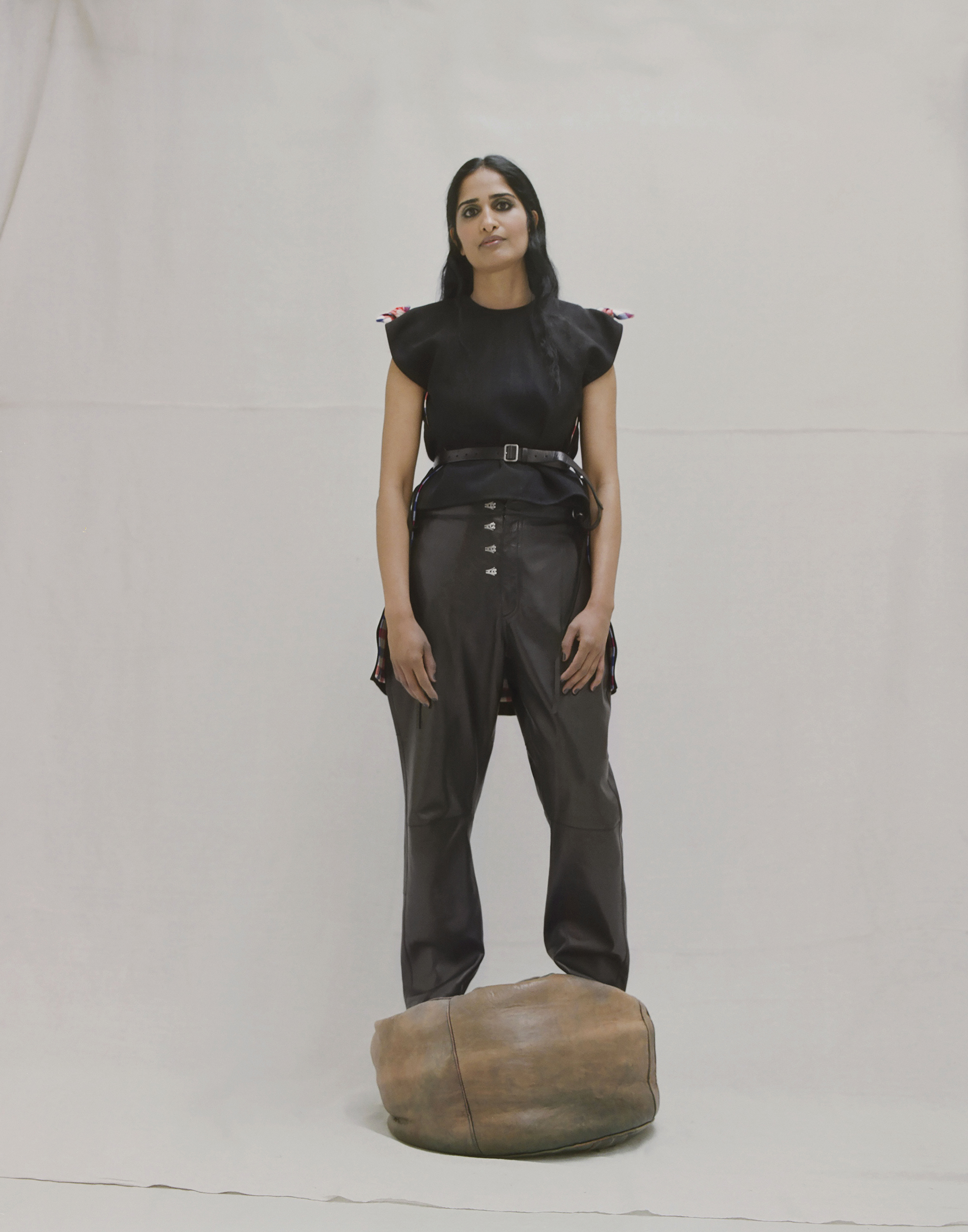  Textured viscose top and glove lambskin harness trousers CÉLINE. 