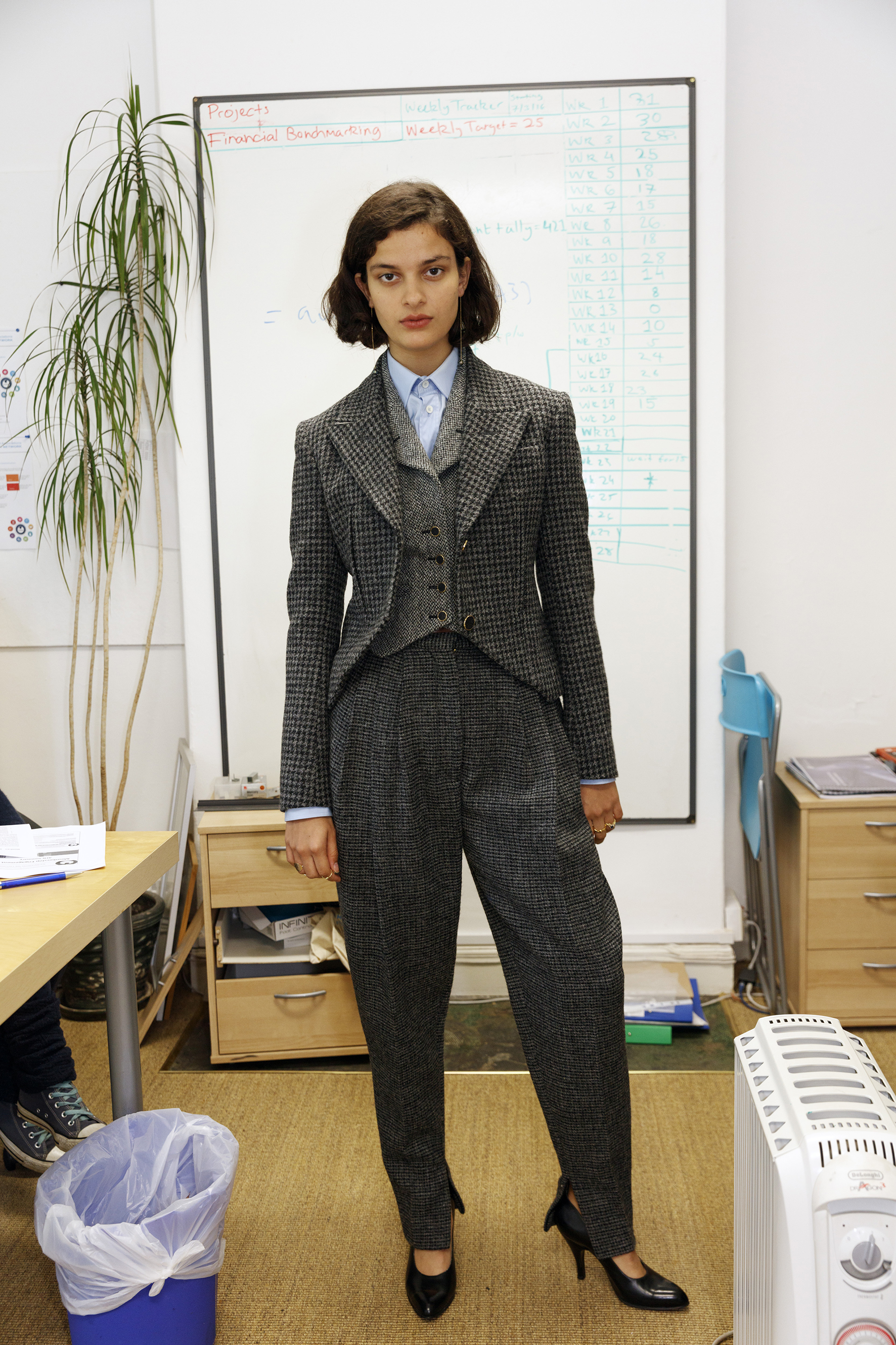 Houndstooth checked wool jacket, waistcoat and high waisted tailored pants HILLIER BARTLEY,&nbsp;popeline shirt BALENCIAGA,&nbsp;vintage pumps FRANCO JACASSI VINTAGE DELIRIUM,&nbsp;fine gold rings LAURA LEE JEWELLERY,&nbsp;silver ring FESWA,&nbsp;sa