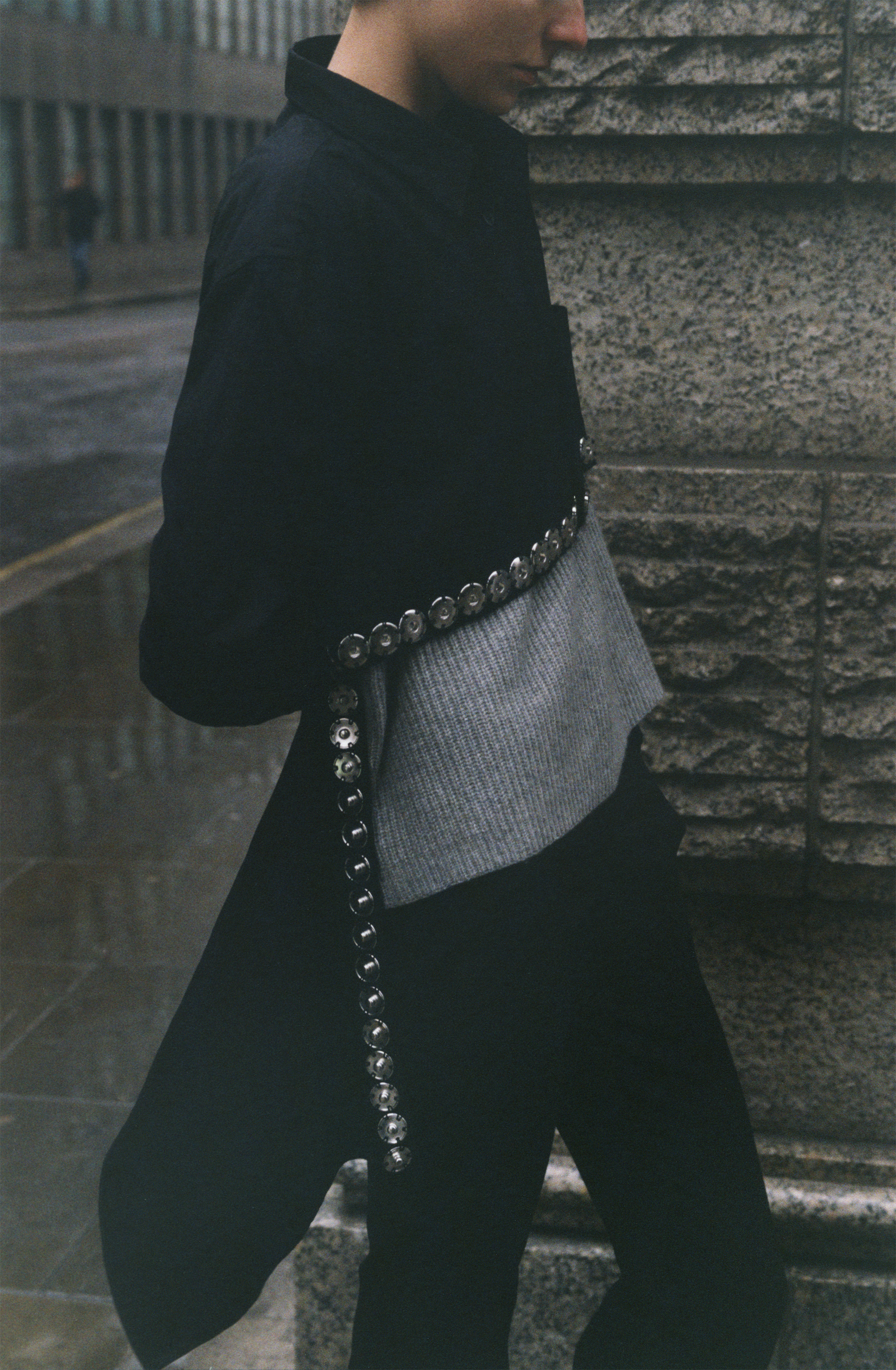 Shirt COMME DES GARCONS HOMME, grey thick knit open back jumper THEORY, dark navy cropped straight leg trousers MARGARET HOWELL.