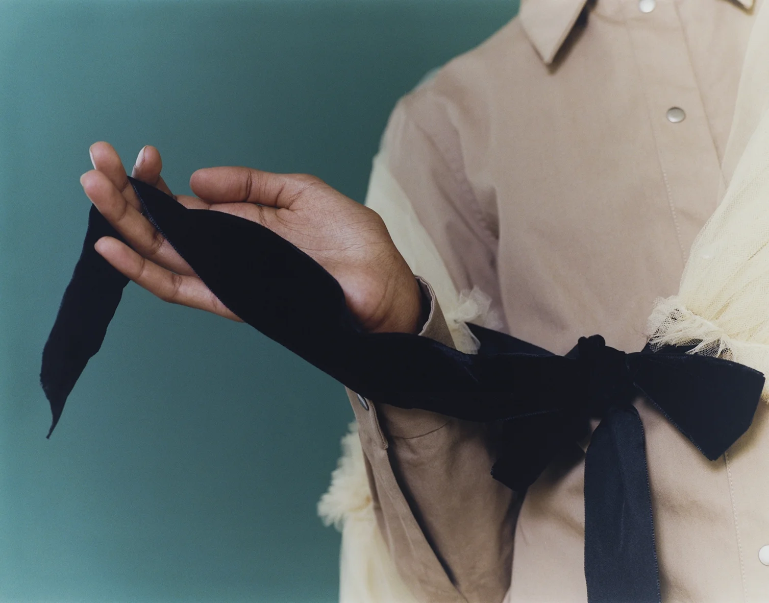 Camel gabardine chemisier BARBARA CASASOLA, tulle shawl with velvet ribbon MOLLY GODDARD.