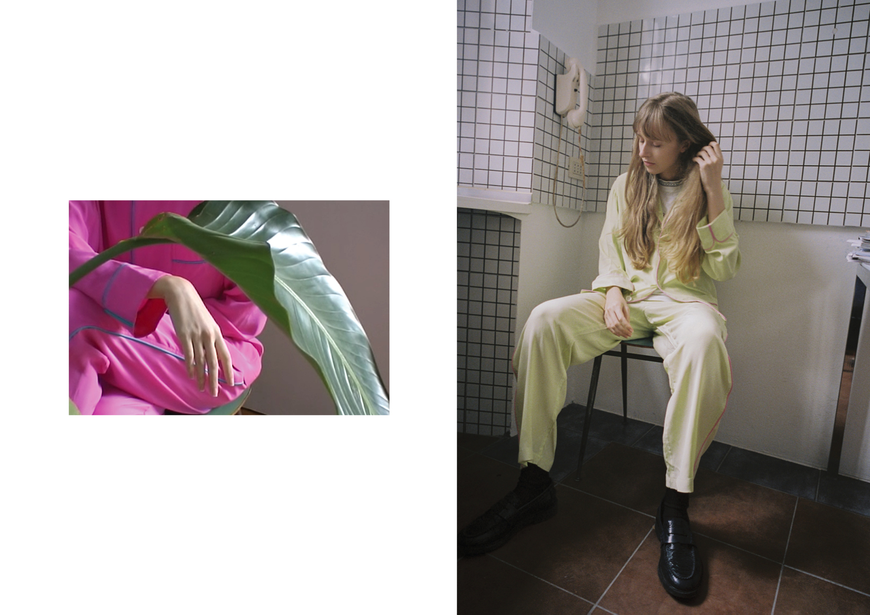  Silk nightwear shirt and trousers OLATZ, t-shirt and leather loafers stylist archive 