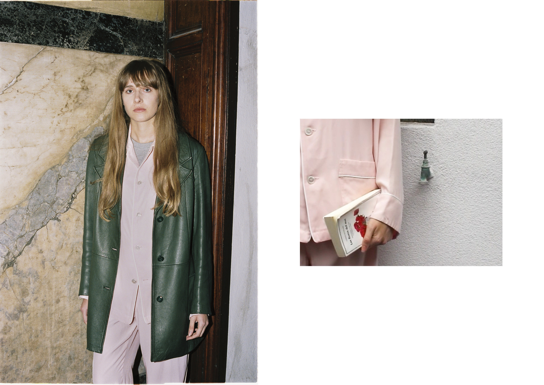  Silk nightwear shirt and trousers OLATZ, cotton t-shirt LEVI’S, green leather jacket stylist archive 